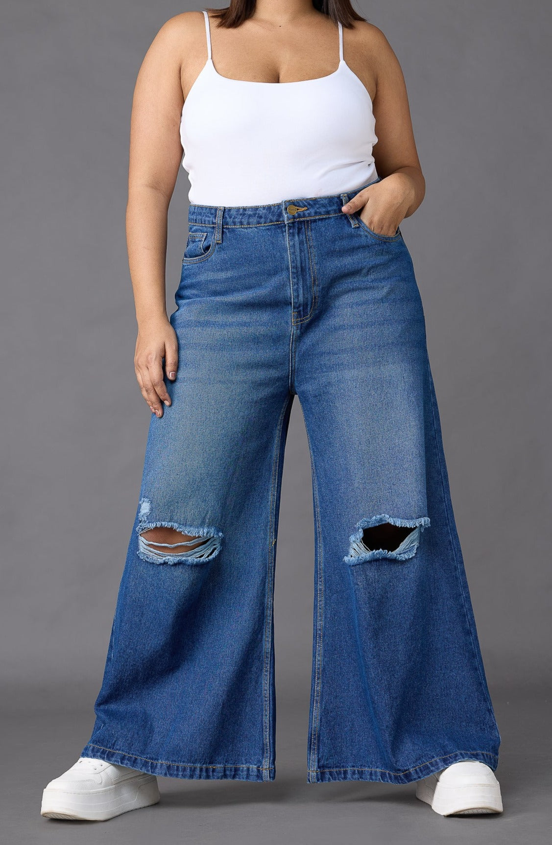 Curve Blue Distressed Flare Jeans