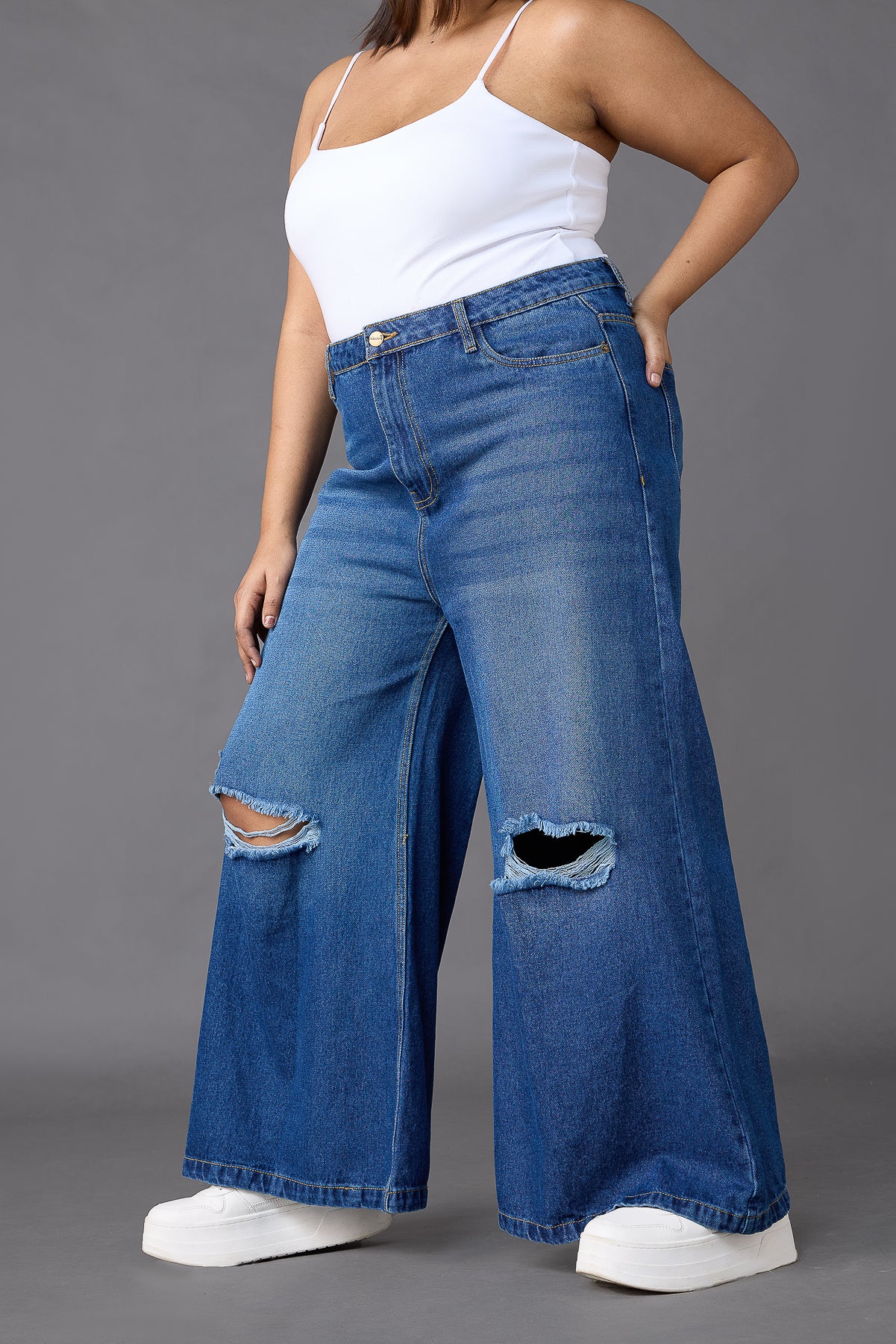 Curve Blue Distressed Flare Jeans