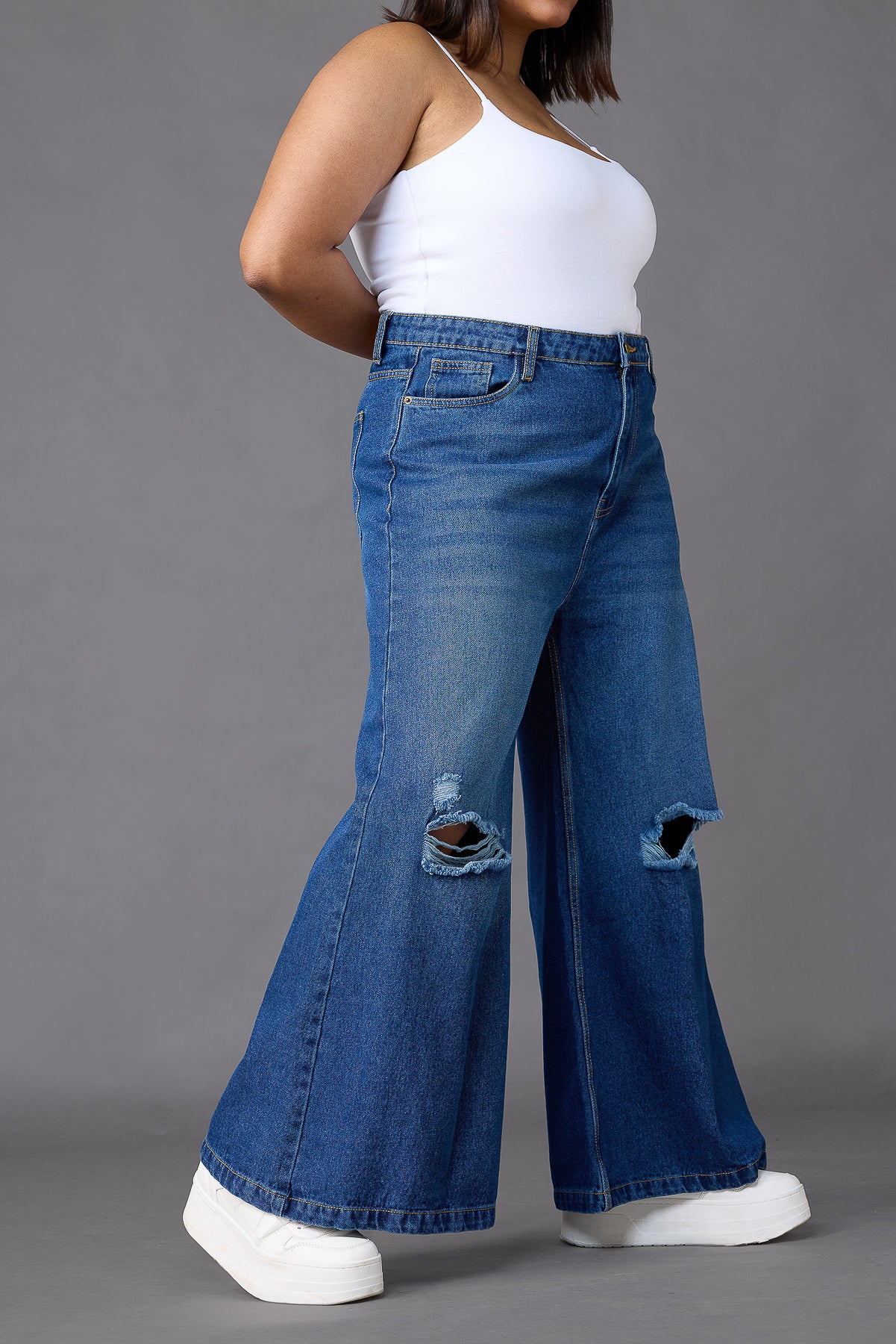 Curve Blue Distressed Flare Jeans