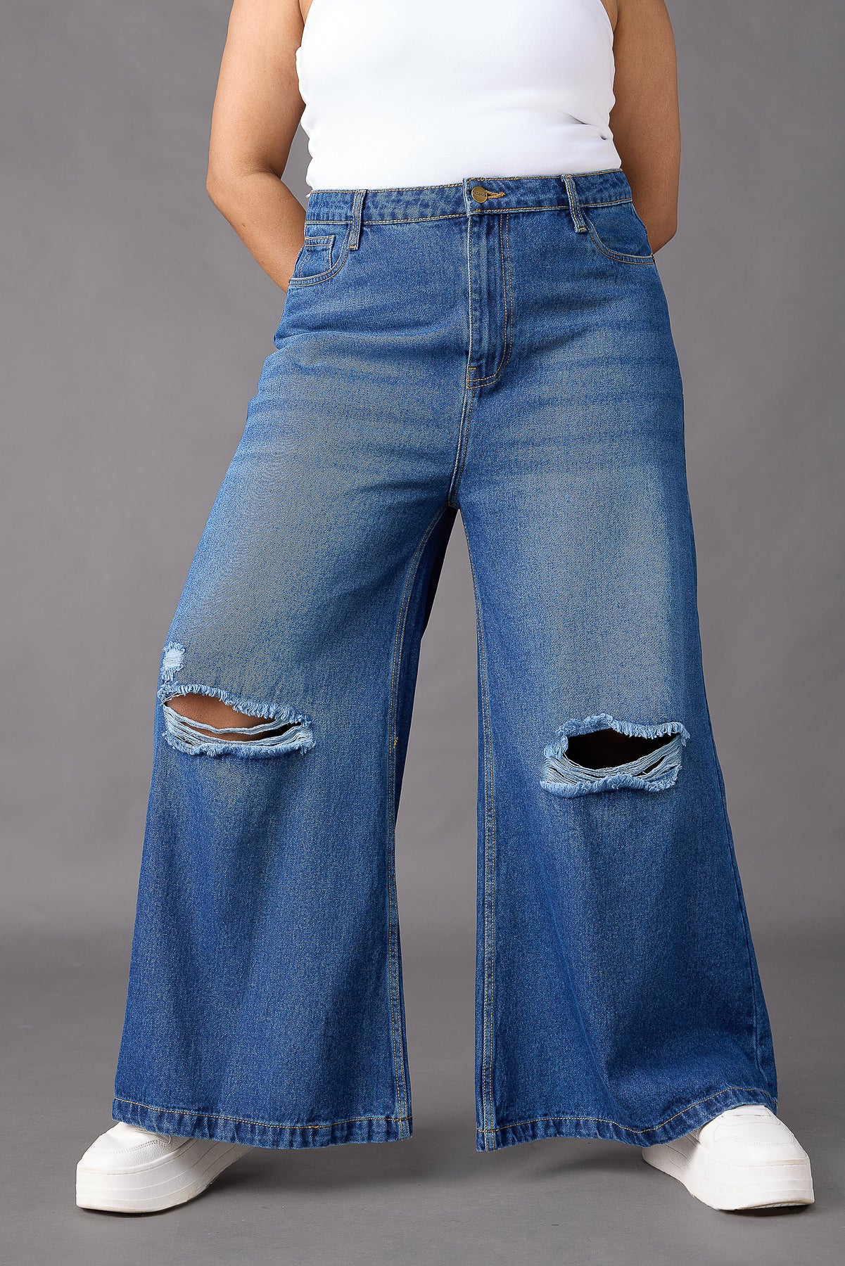 Curve Blue Distressed Flare Jeans
