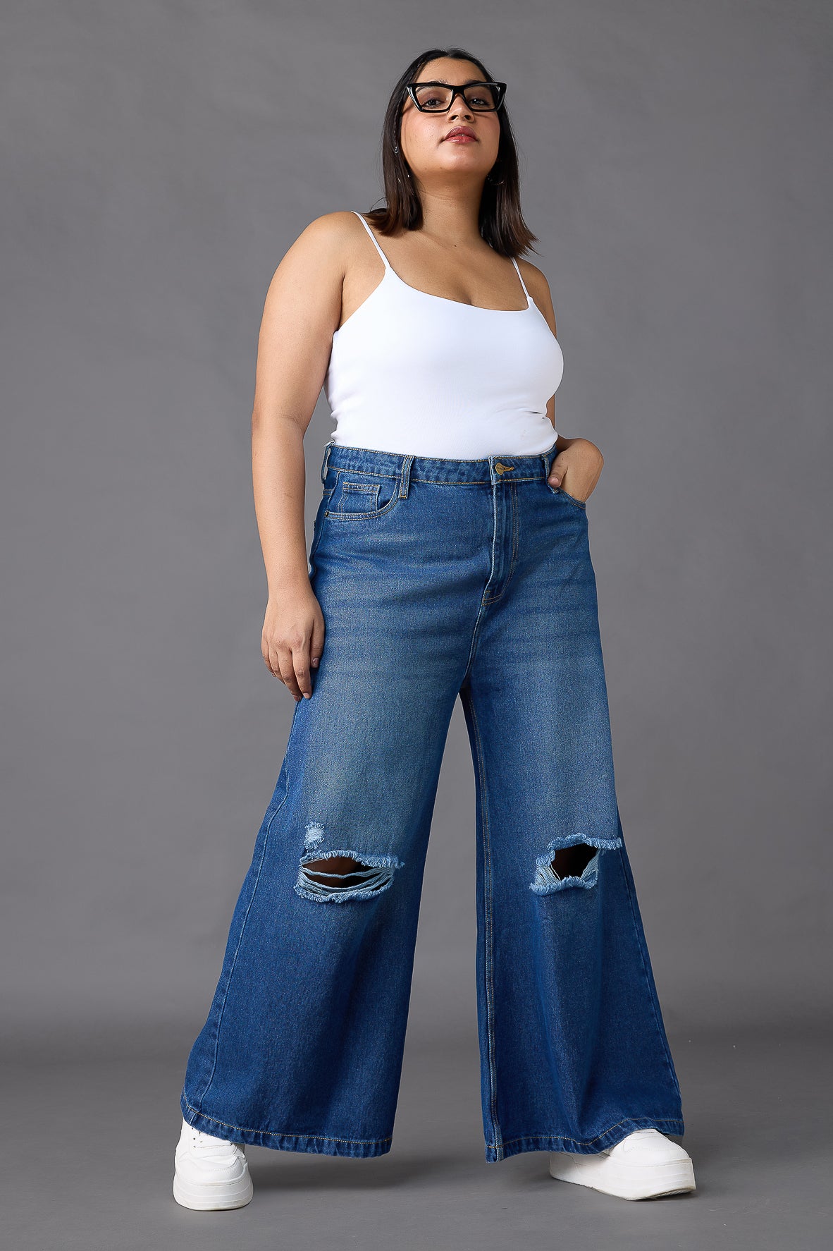 Curve Blue Distressed Flare Jeans