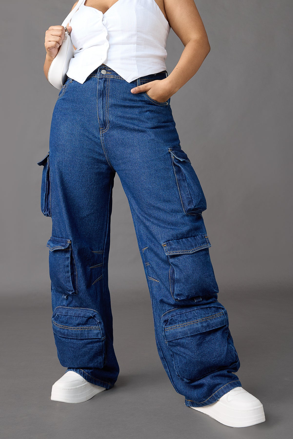 Curve Blue Straight Cargo Jeans