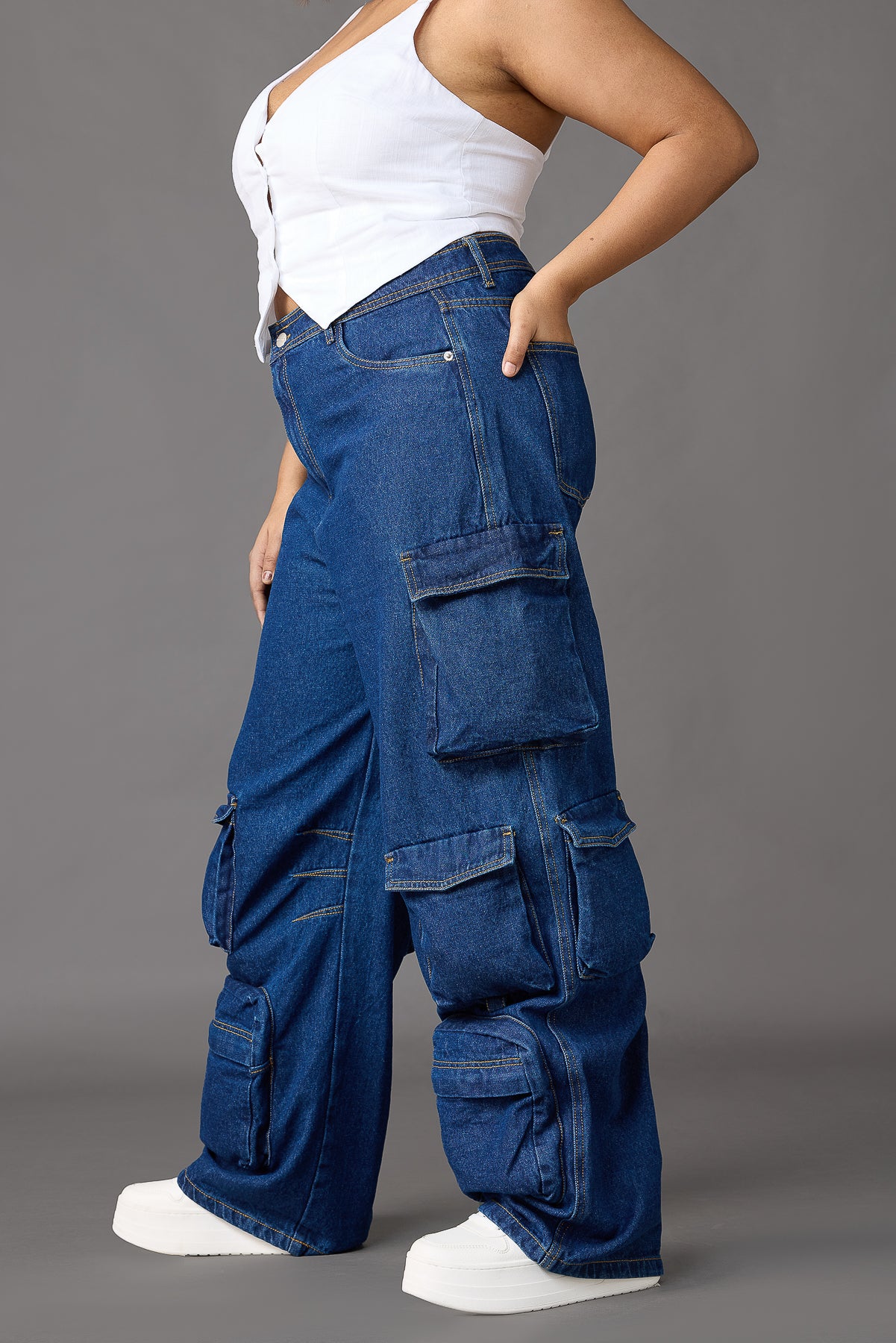 Curve Blue Straight Cargo Jeans
