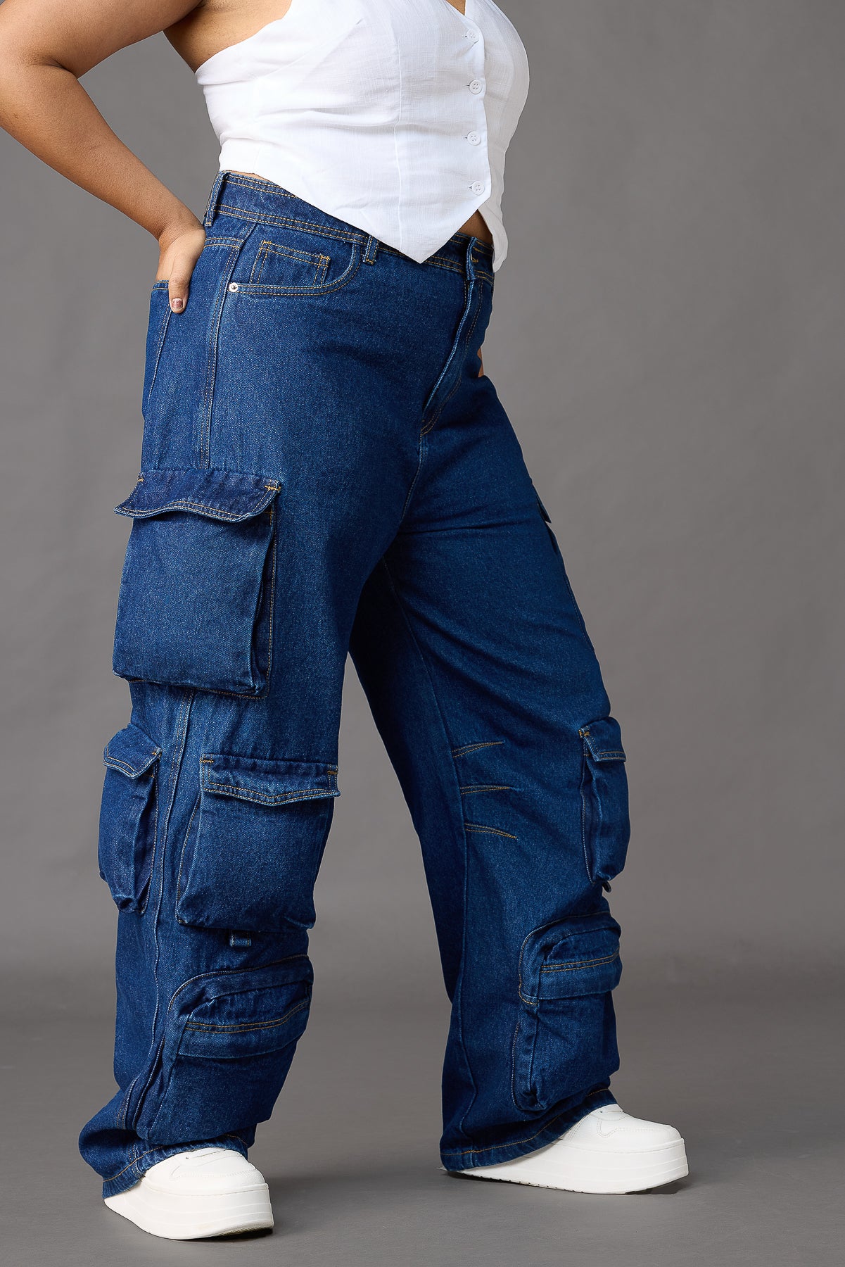 Curve Blue Straight Cargo Jeans