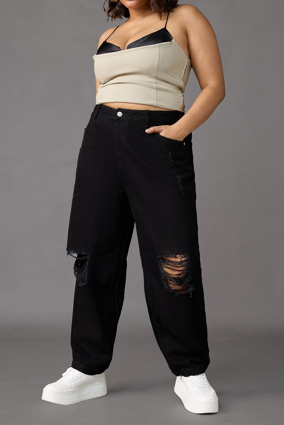 Curve Black Torn Slouchy Jeans