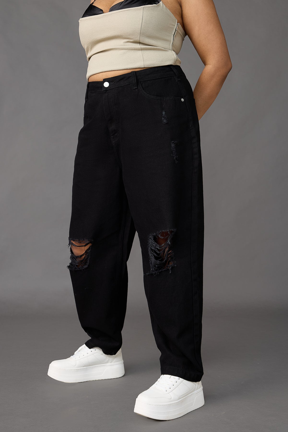 Curve Black Torn Slouchy Jeans