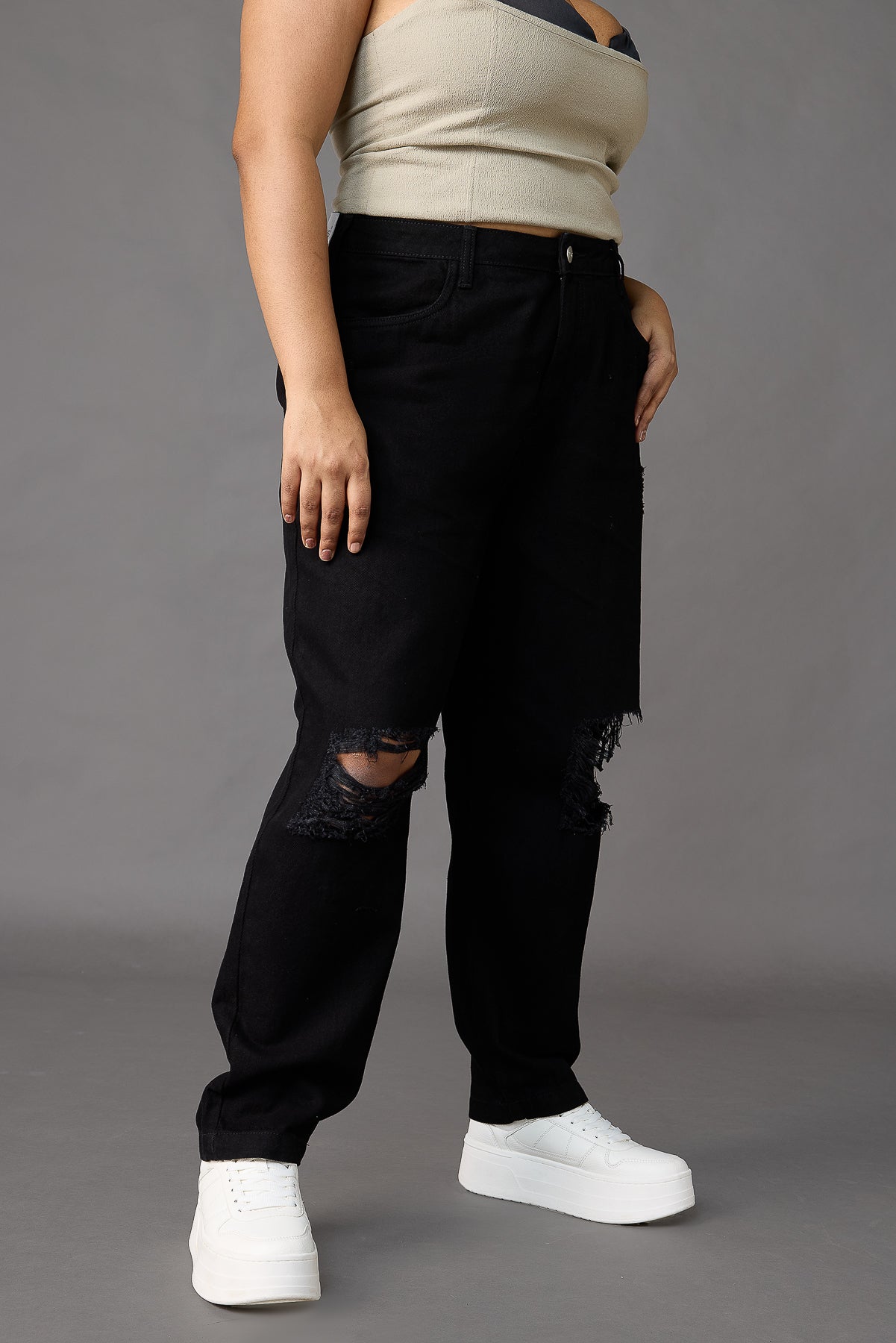 Curve Black Torn Slouchy Jeans