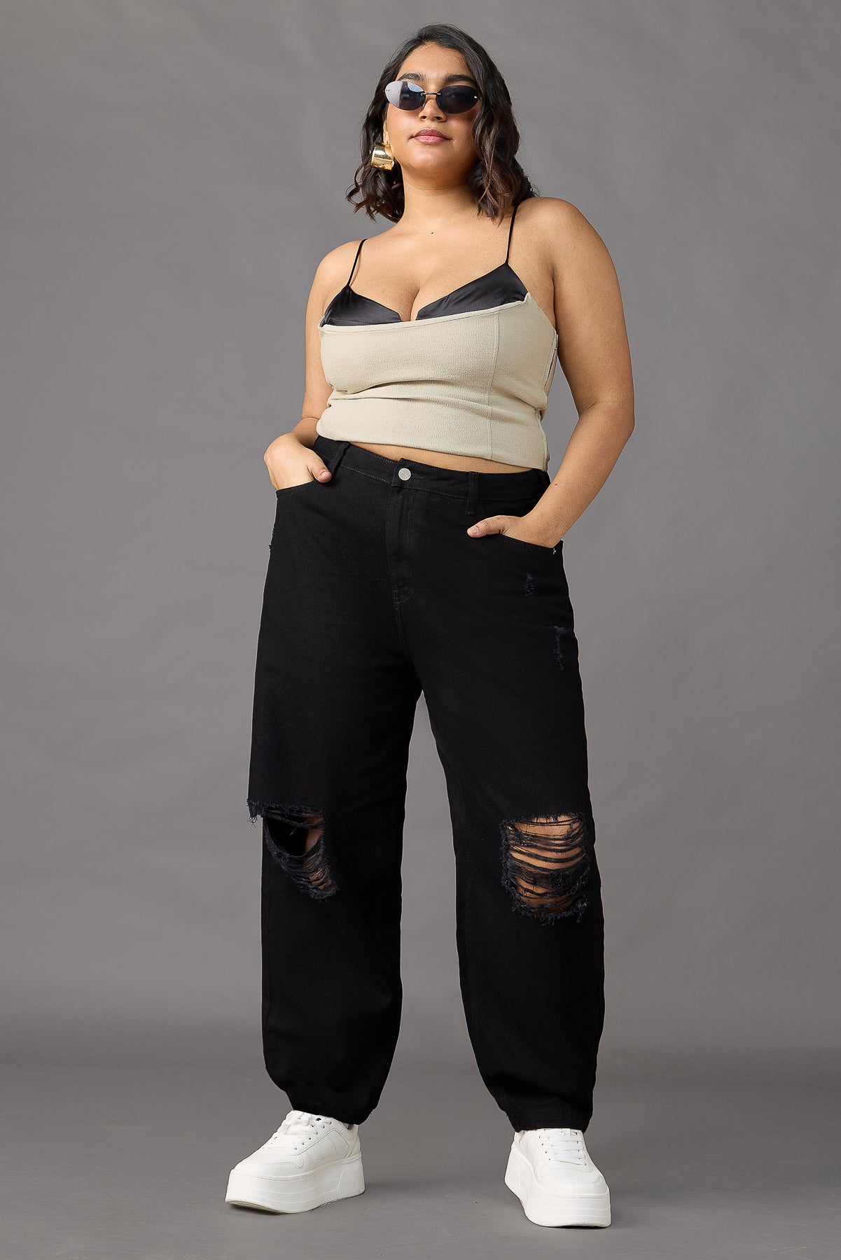 Curve Black Torn Slouchy Jeans
