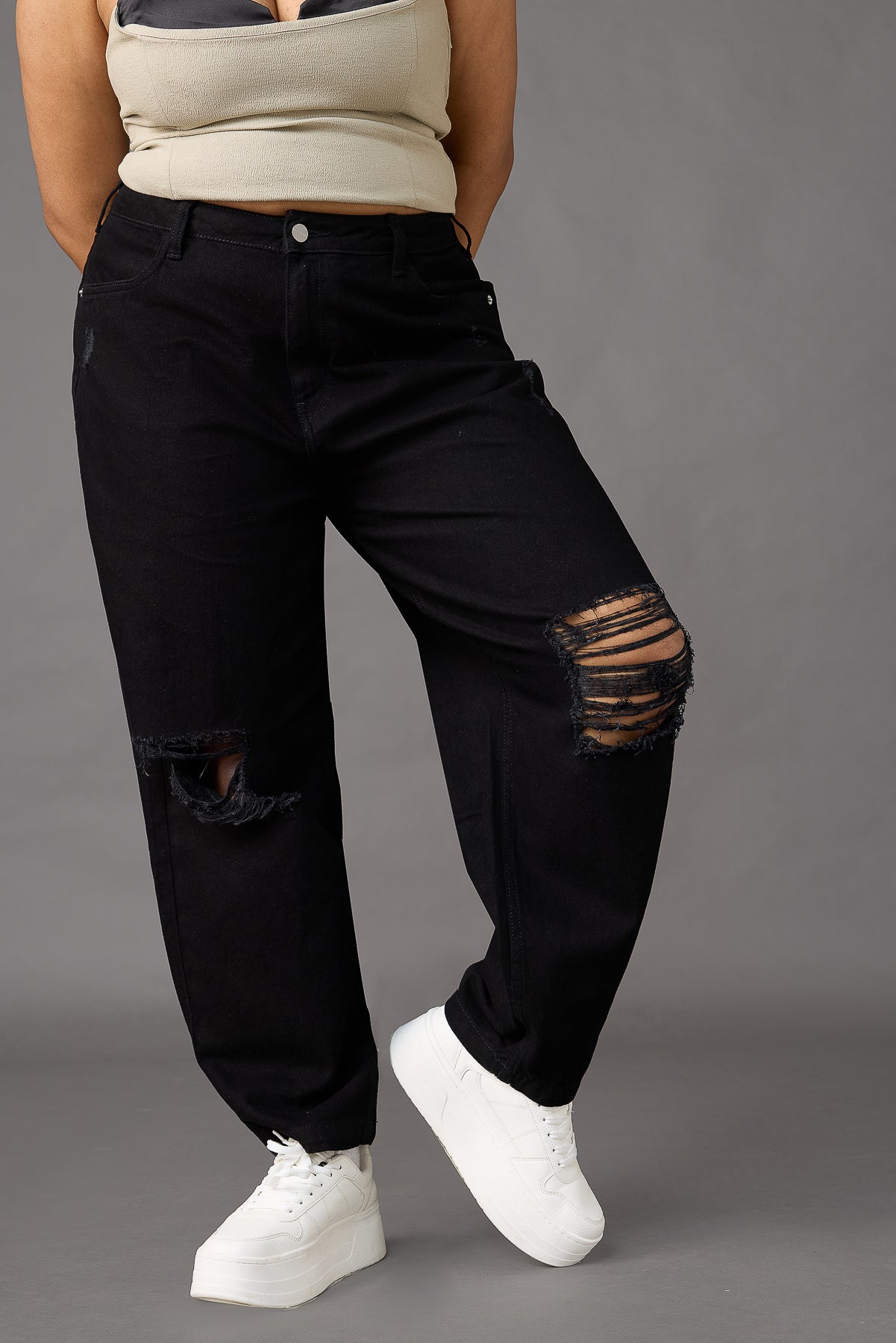 Curve Black Torn Slouchy Jeans