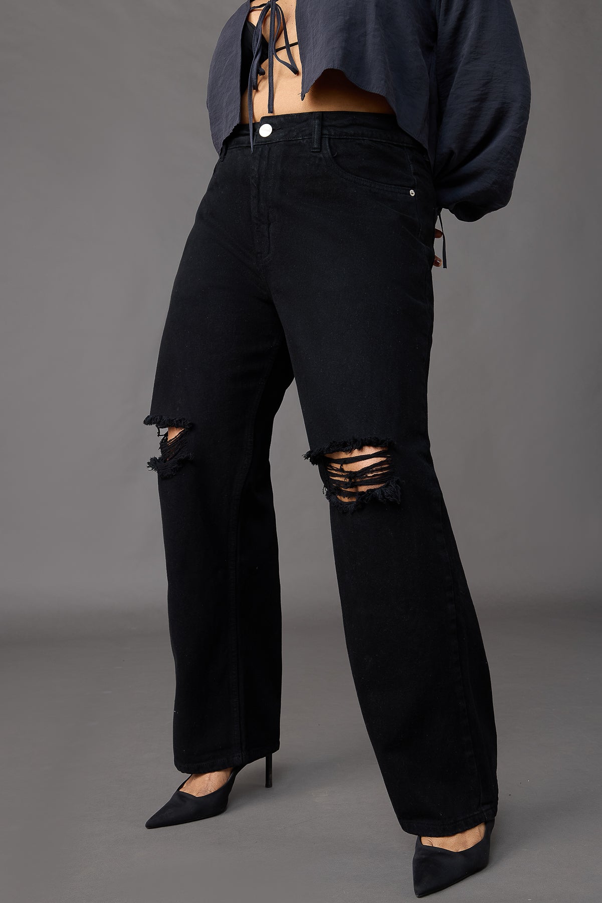 Curve Black Distressed Wide Jeans