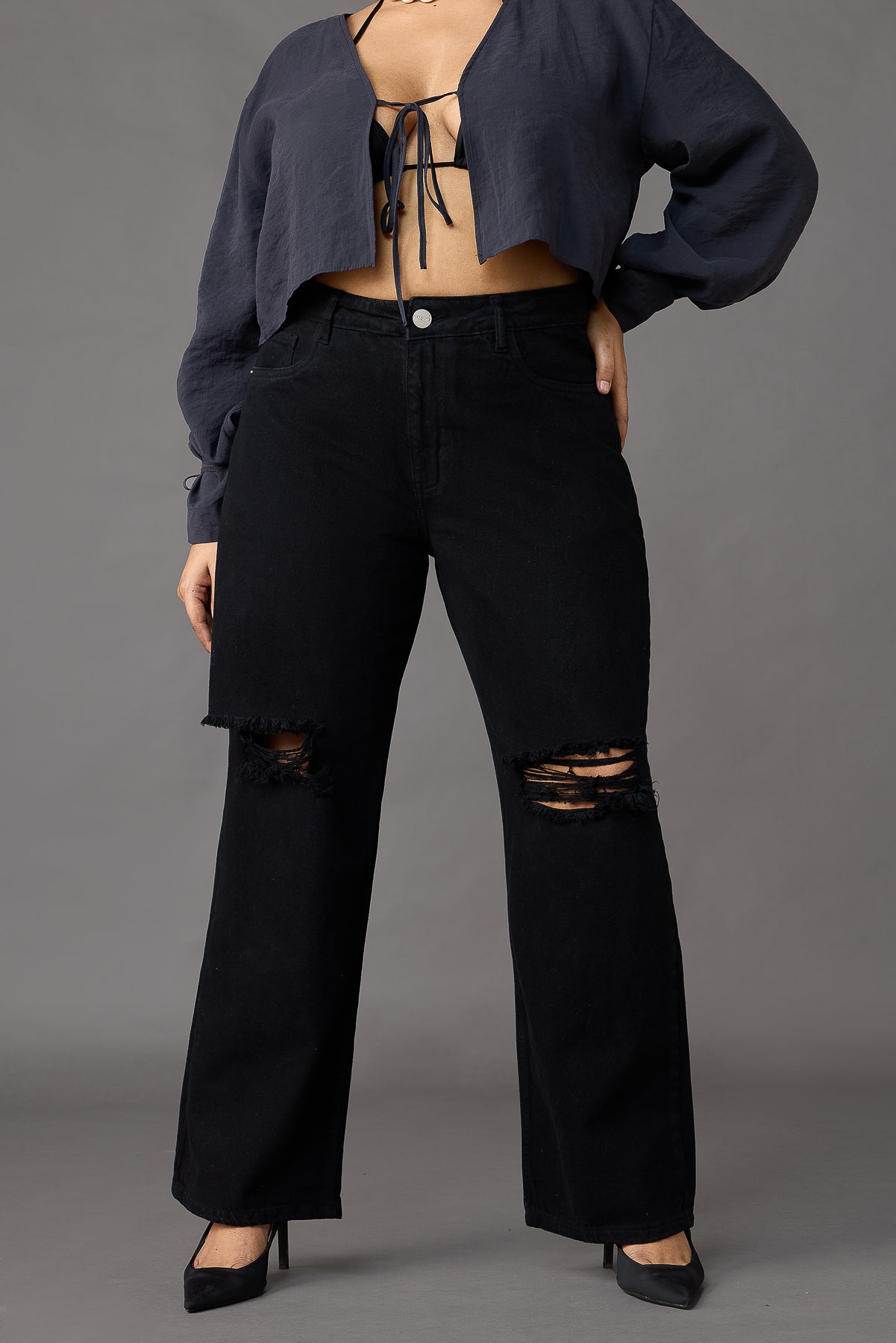 Curve Black Distressed Wide Jeans