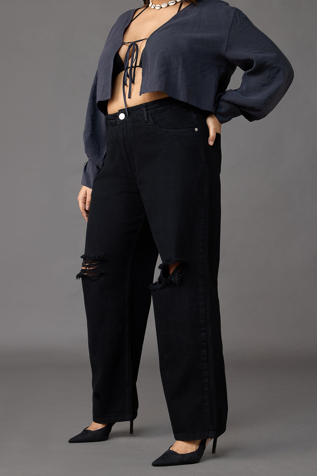 Curve Black Distressed Wide Jeans