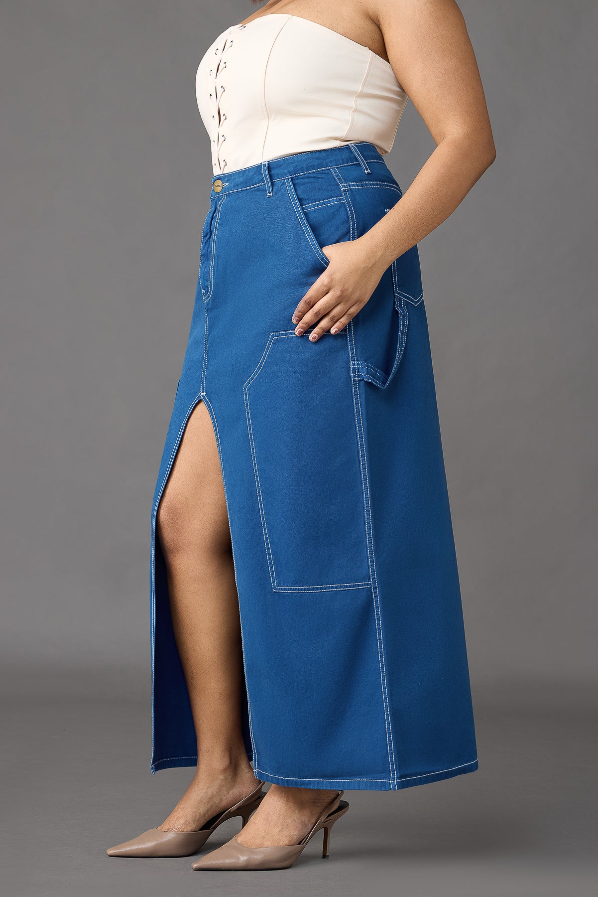 Curve Cobalt Blue Contrast Stitch Front Slit Long Skirt