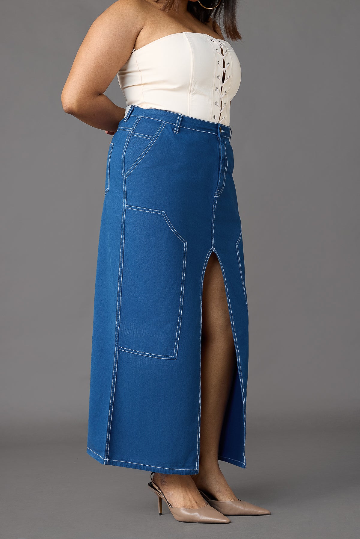 Curve Cobalt Blue Contrast Stitch Front Slit Long Skirt
