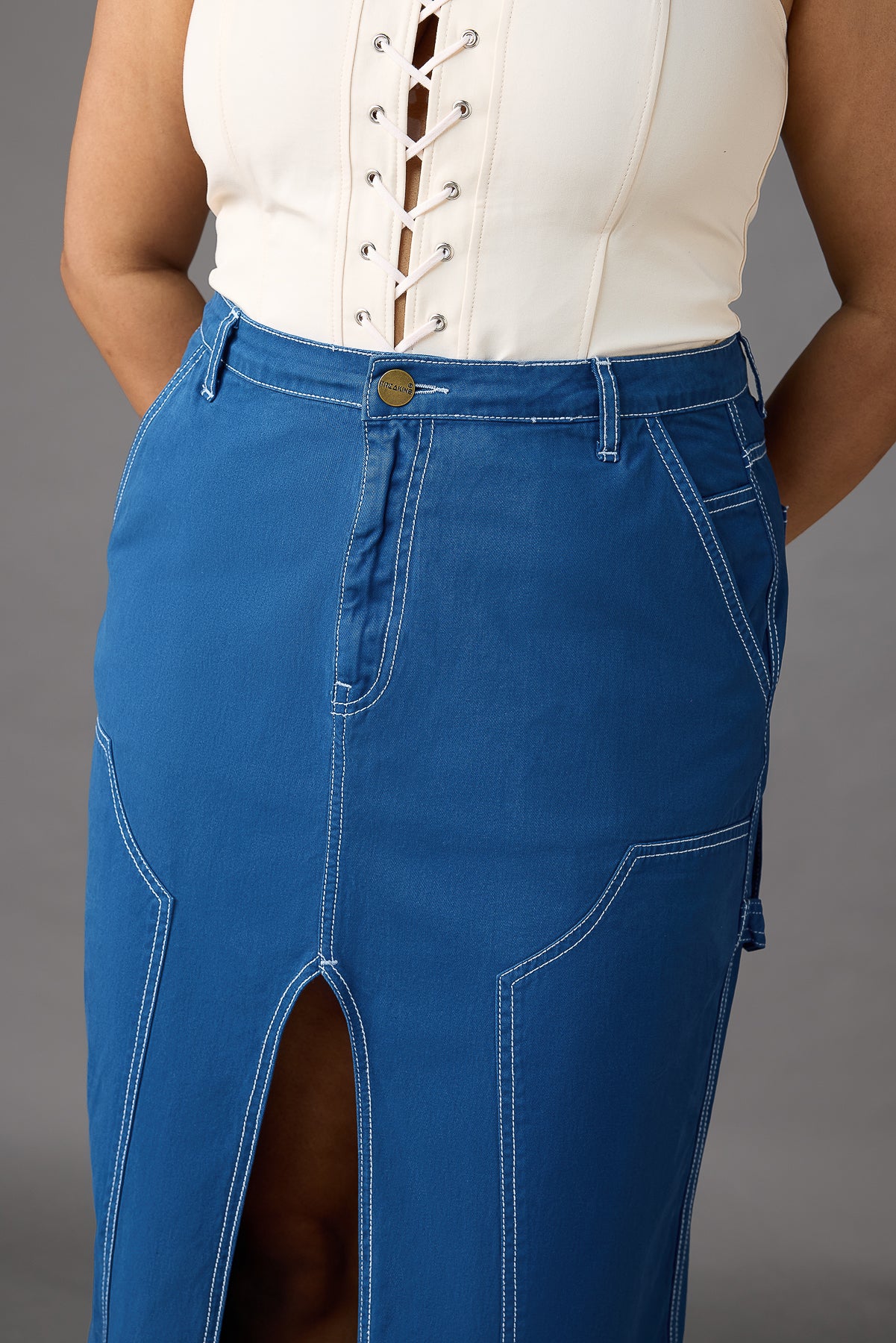 Curve Cobalt Blue Contrast Stitch Front Slit Long Skirt