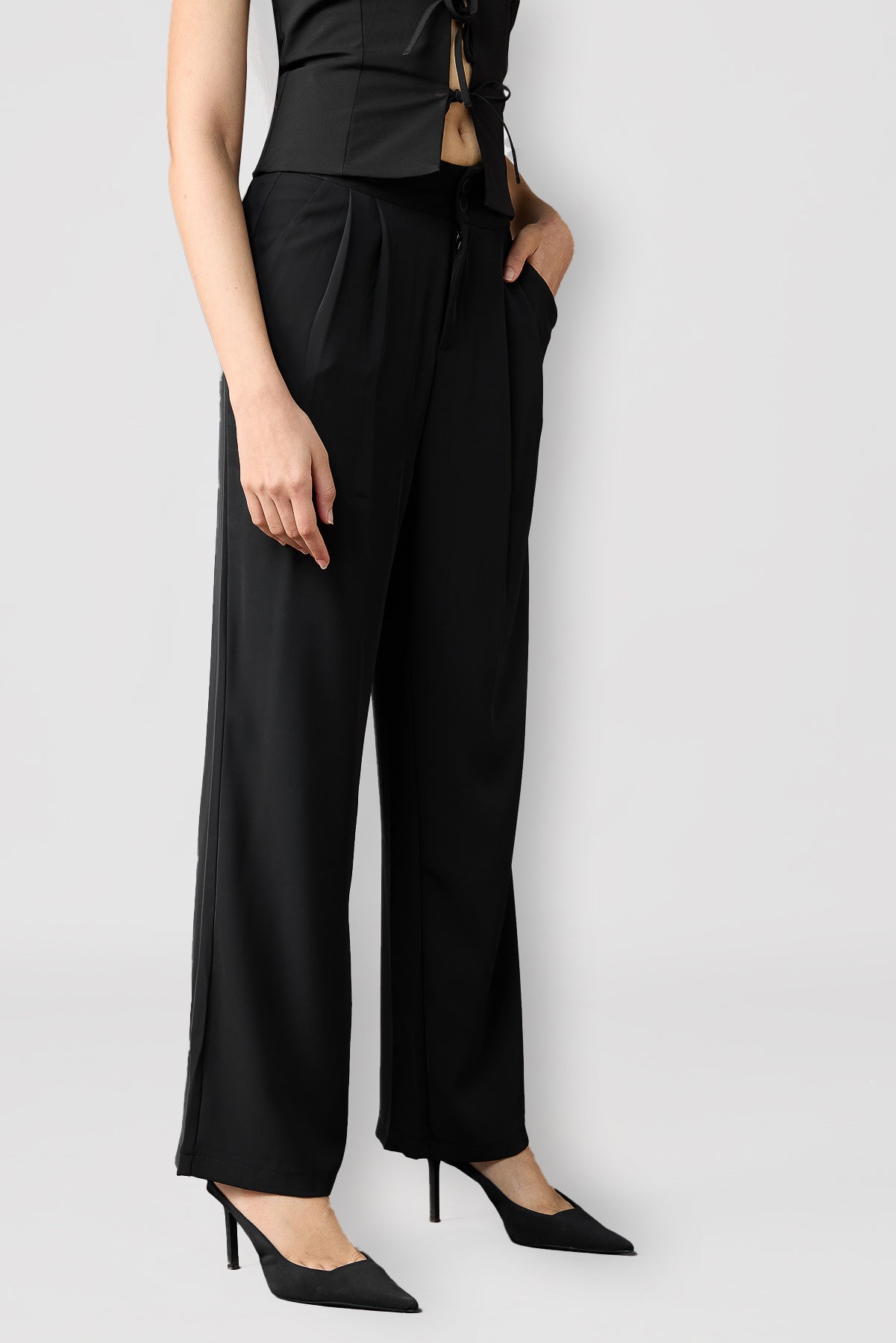 Midnight Black Pleated Women's Straight Korean Pants