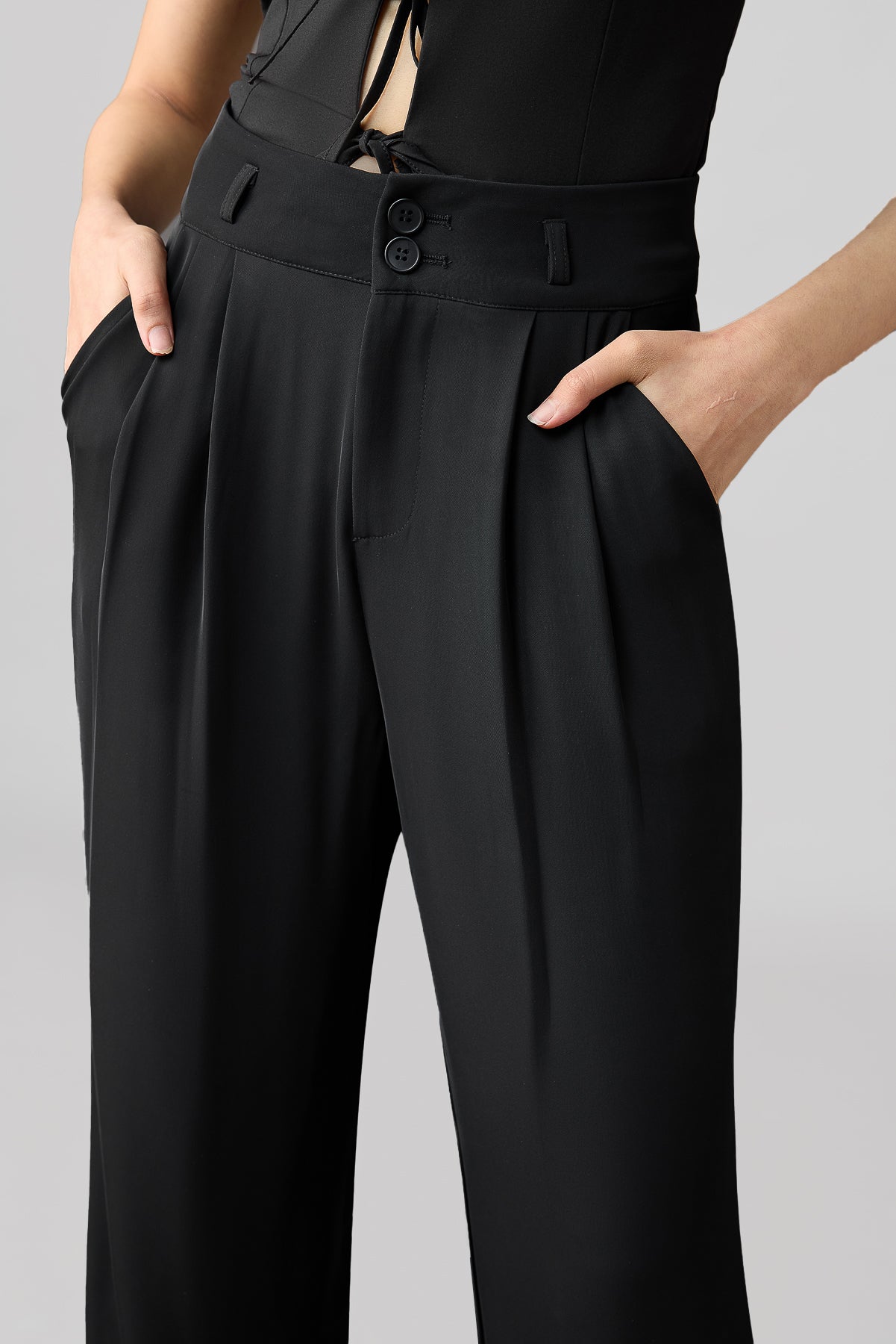 Midnight Black Pleated Women's Straight Korean Pants