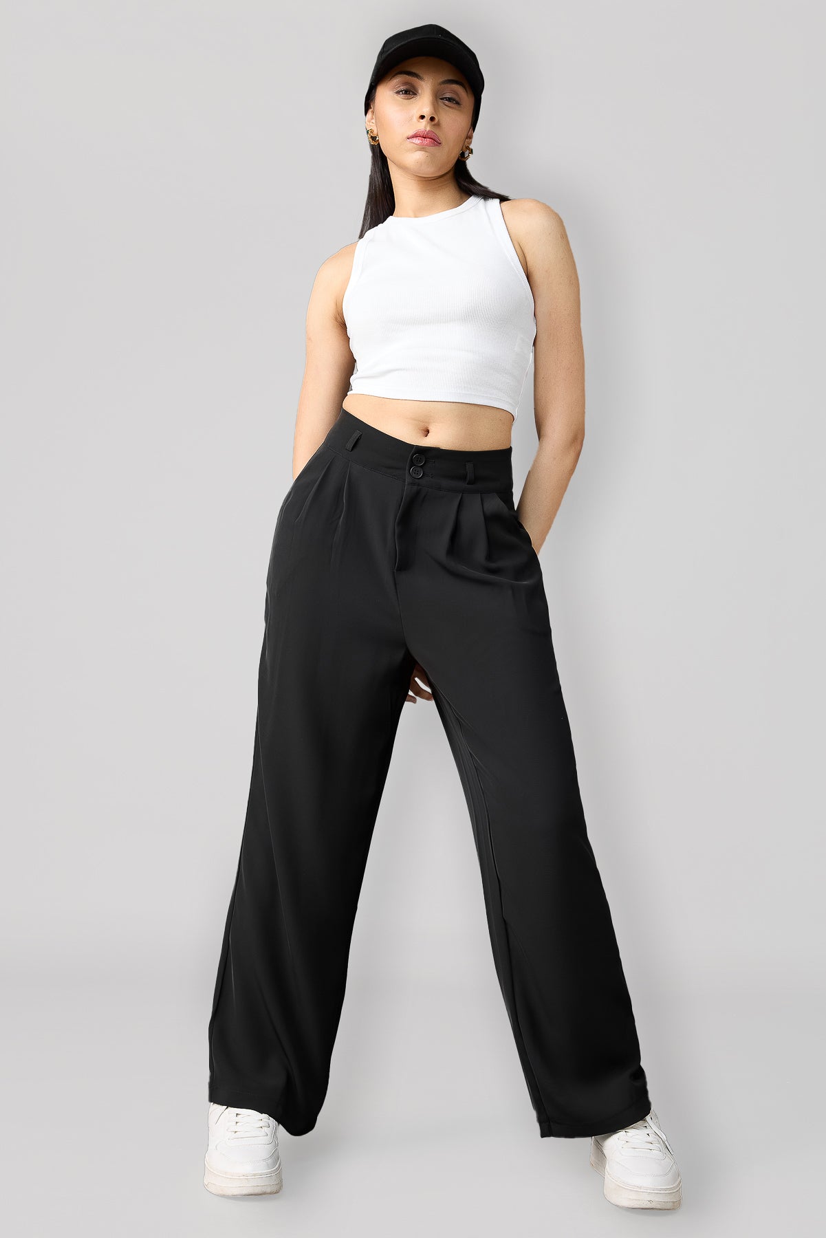 Black Pleated Women's Straight Korean Pants - Main Image