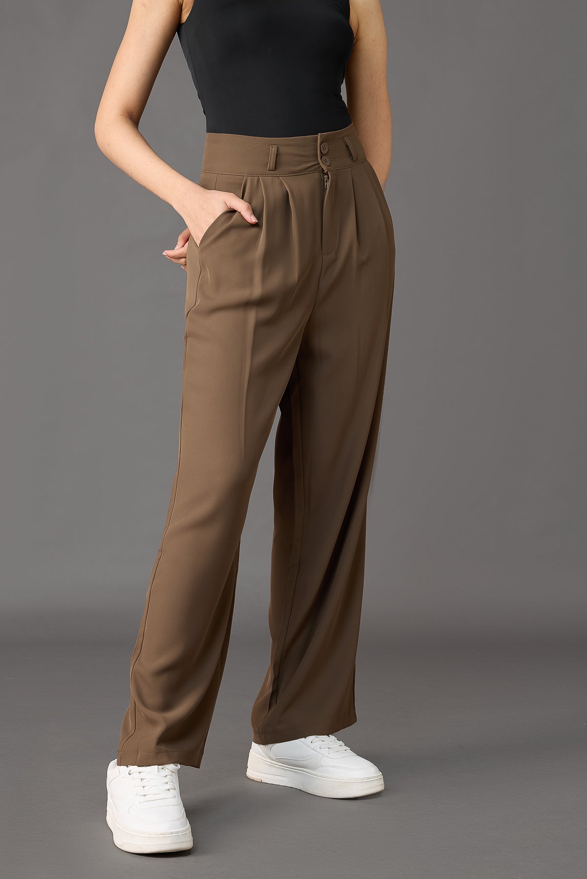 Cocoa Tan Pleated Women's Straight Korean Pants