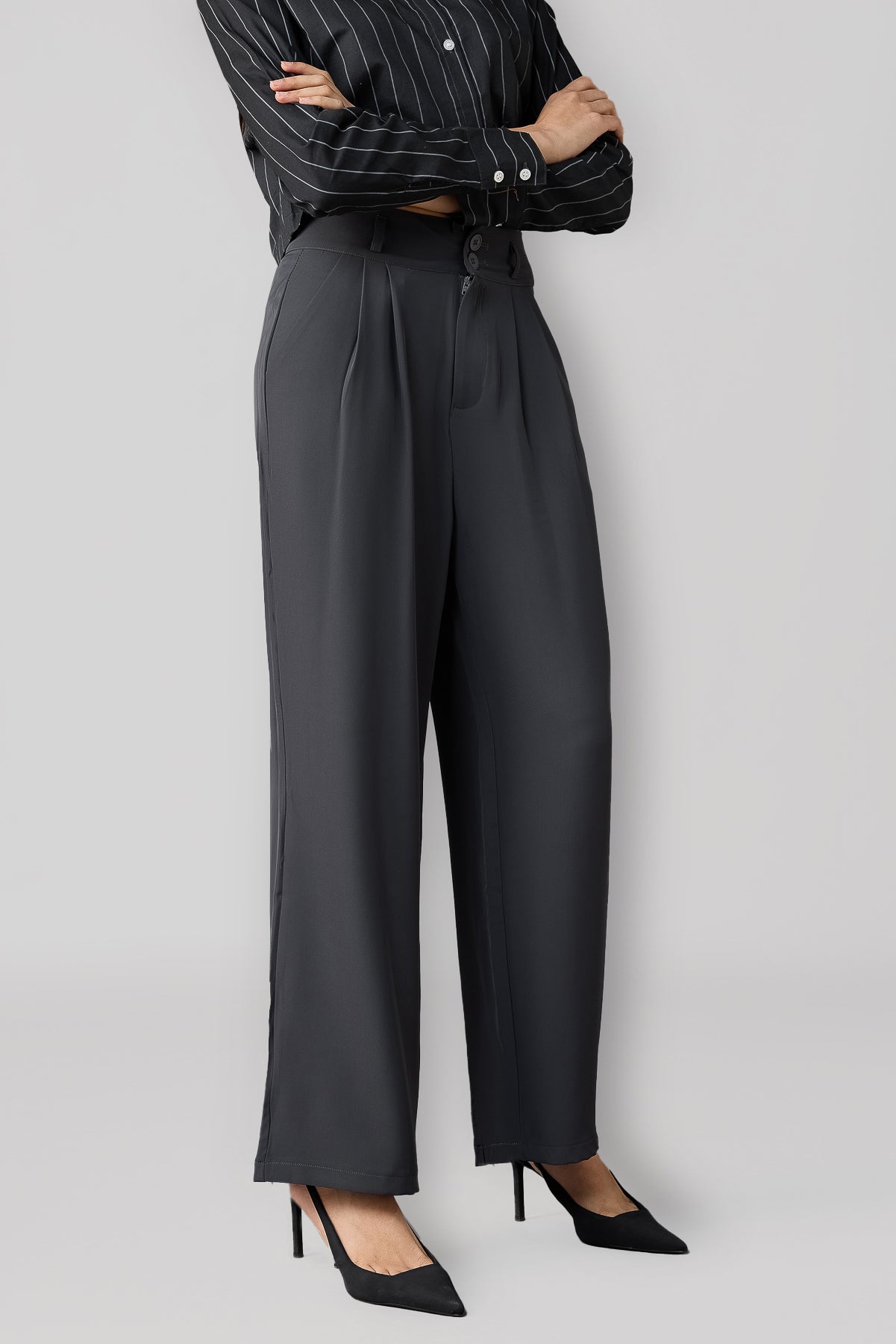 Charcoal Grey Pleated Women's Straight Korean Pants