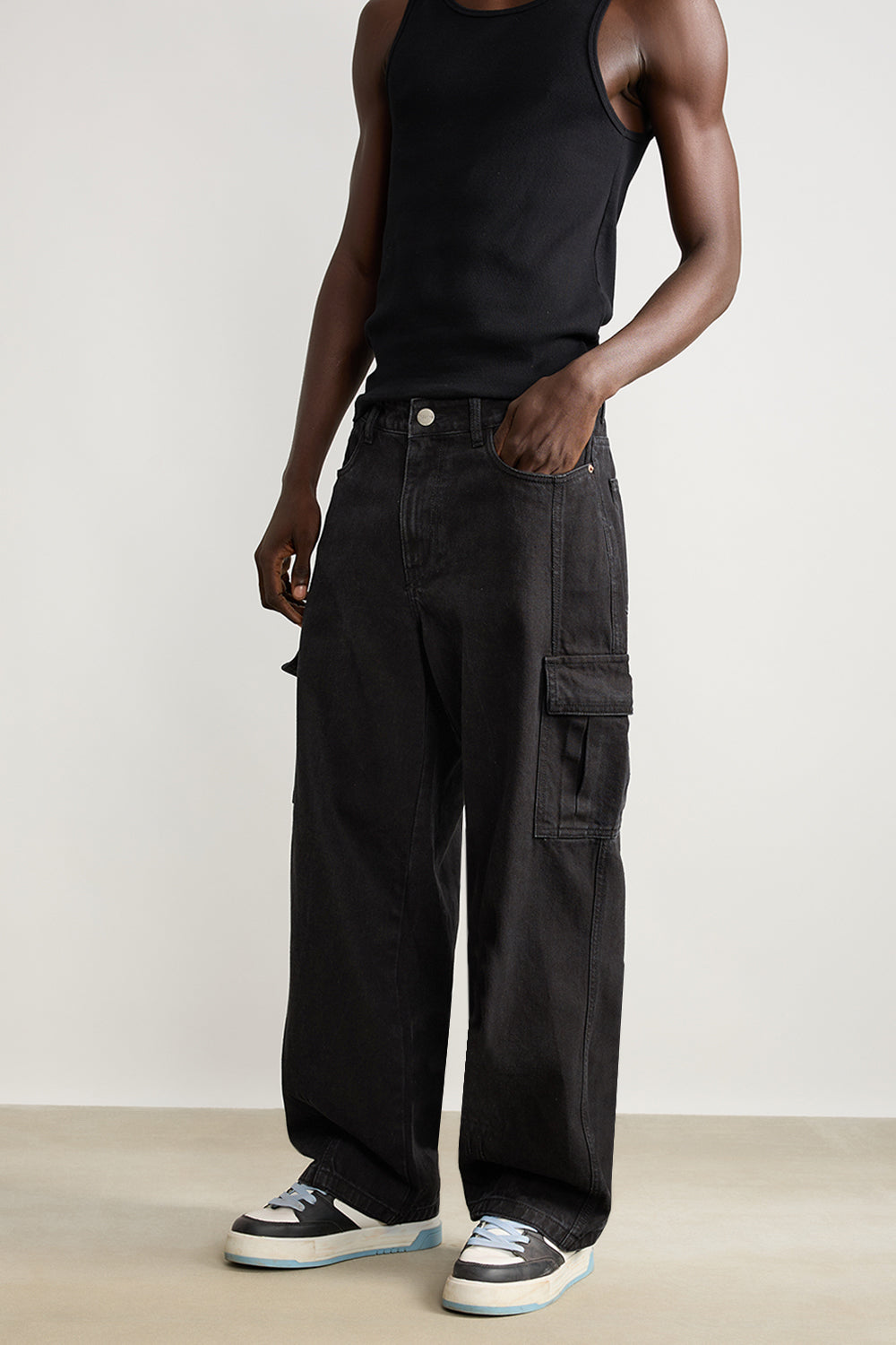 Black Men's Baggy Straight Cargo Jeans