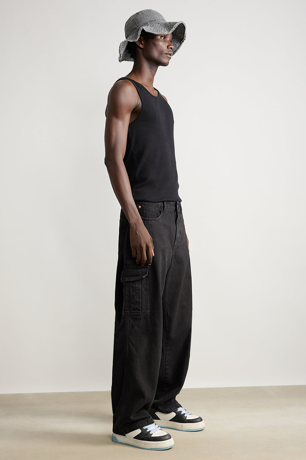 Black Men's Baggy Straight Cargo Jeans