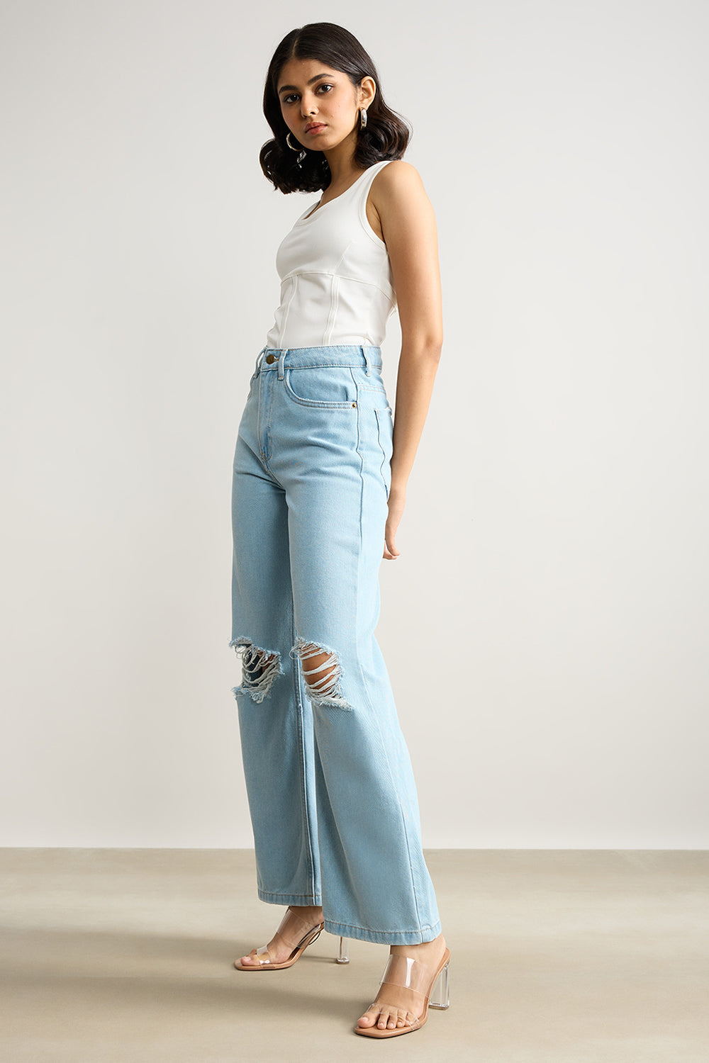 Light Blue High Waisted Distressed Women's Wide Jeans