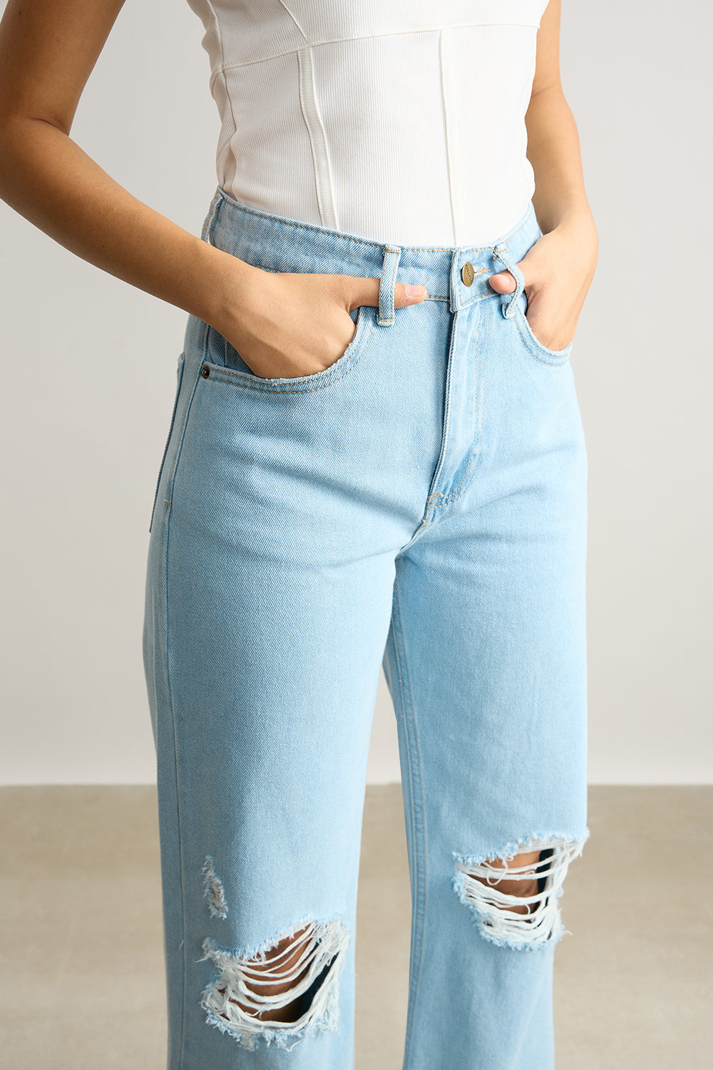 Light Blue High Waisted Distressed Women's Wide Jeans