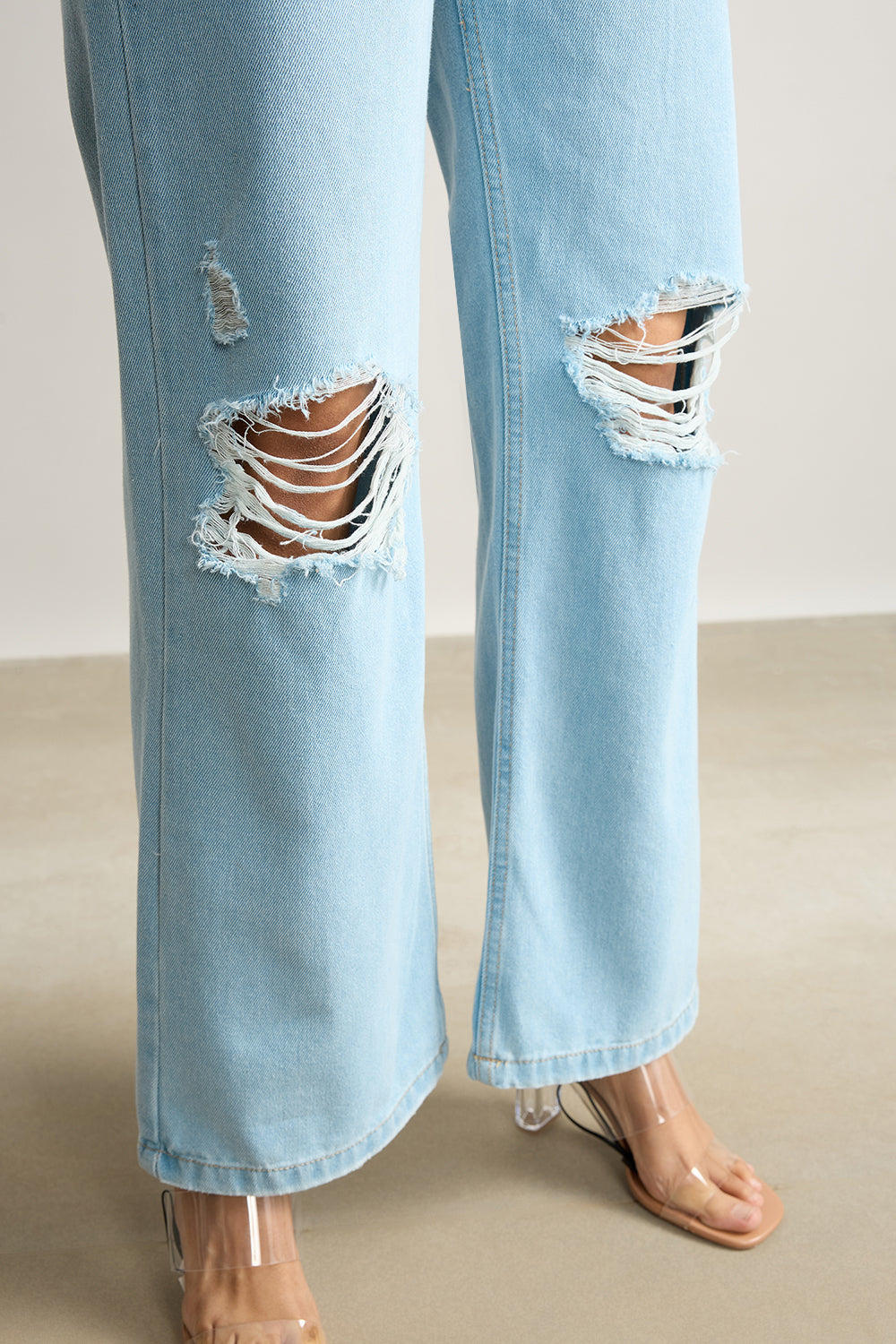 Light Blue High Waisted Distressed Women's Wide Jeans