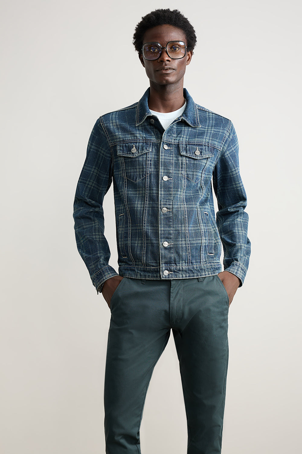 Men's Vintage Plaid Denim Jacket
