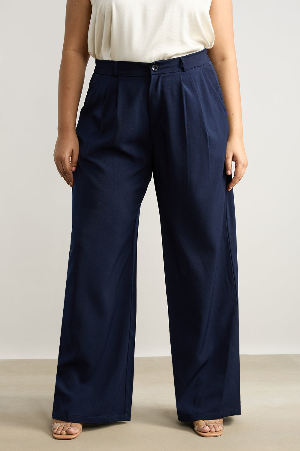 Women's curve pleated navy blue korean pant