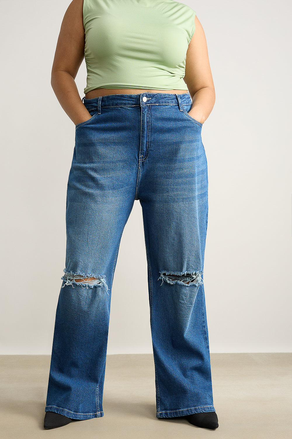 Curve Blue Stone Distressed Wide Fit Jeans
