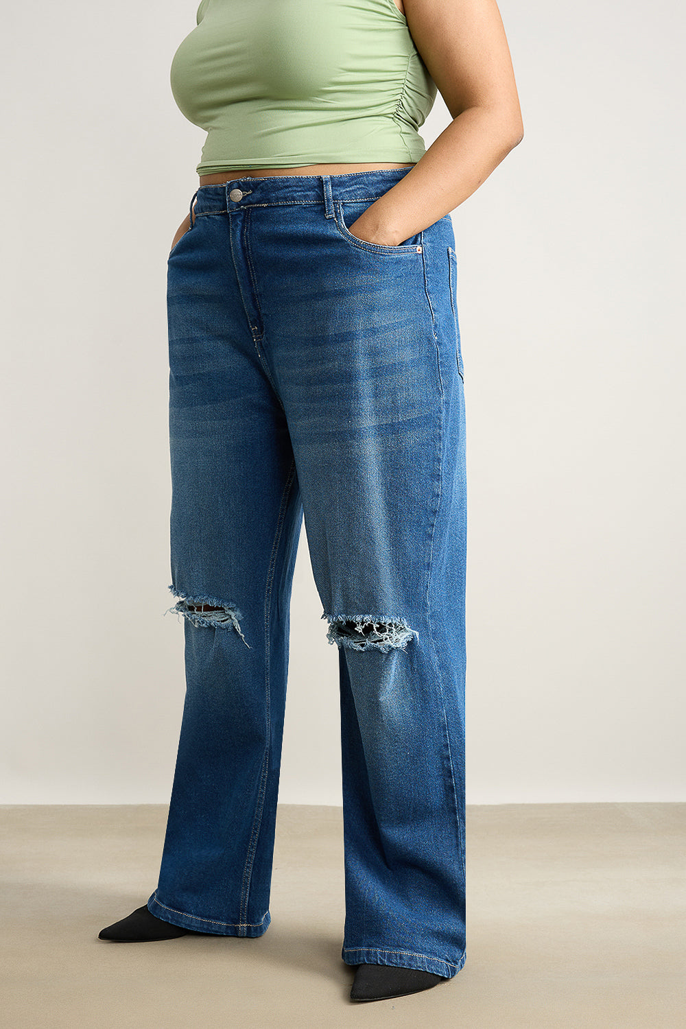 Curve Blue Stone Distressed Wide Fit Jeans
