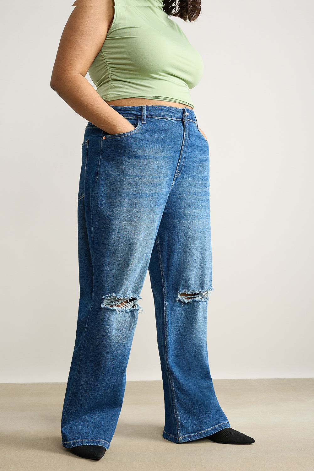 Curve Blue Stone Distressed Wide Fit Jeans