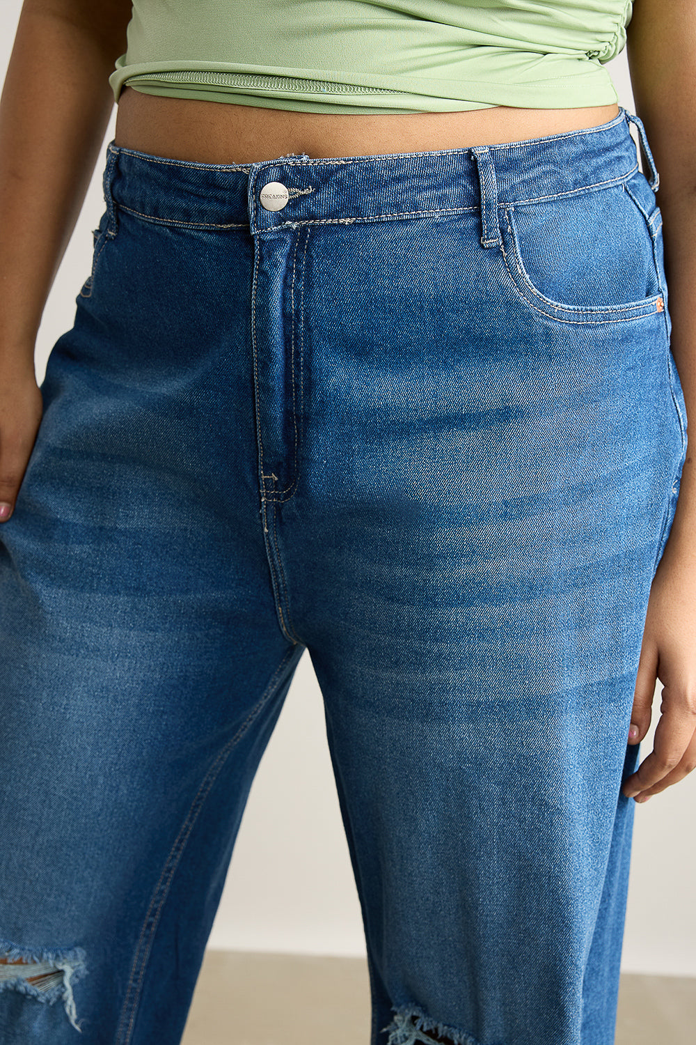Curve Blue Stone Distressed Wide Fit Jeans