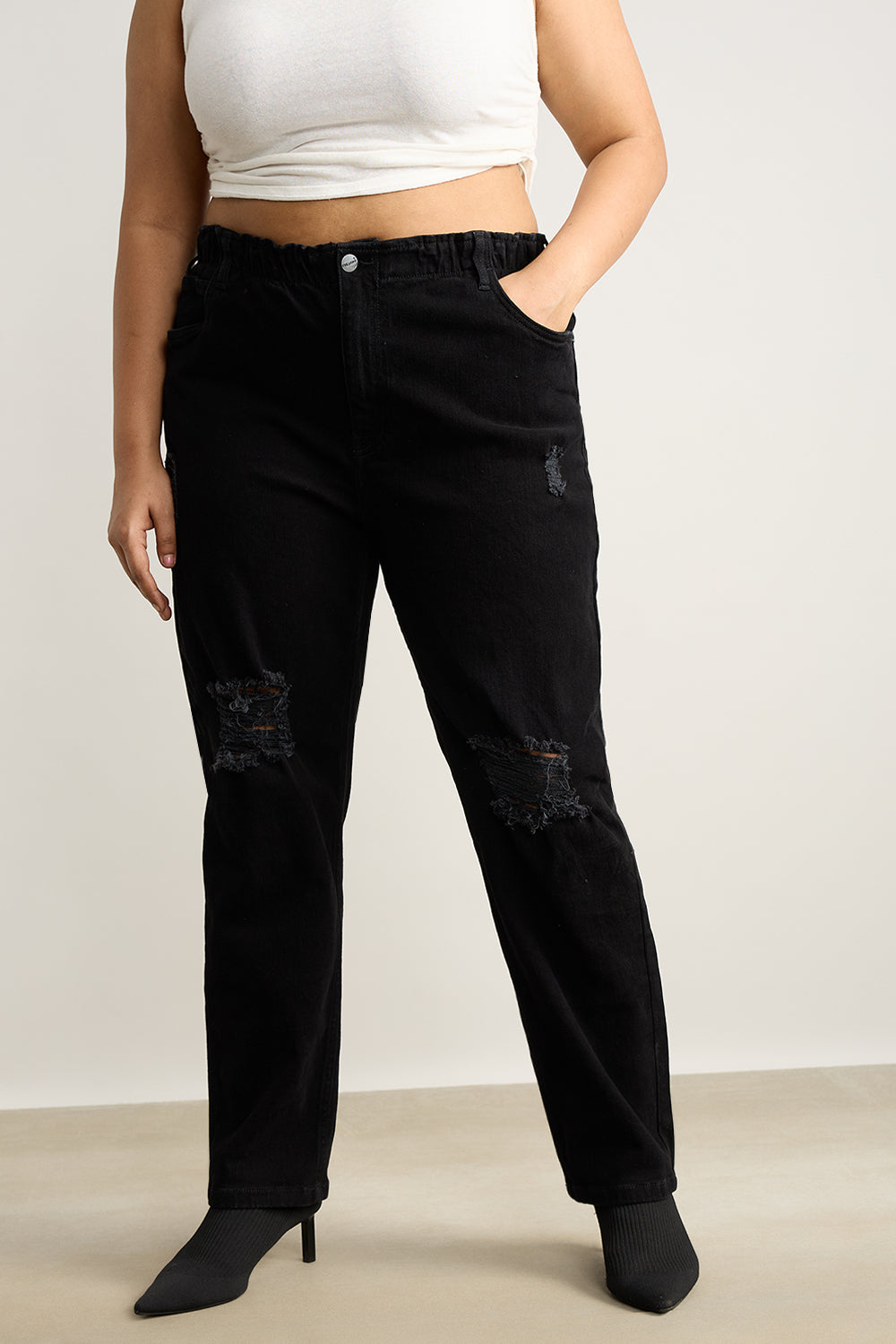 Curve Ebony Elasticated Distress Slim Jeans