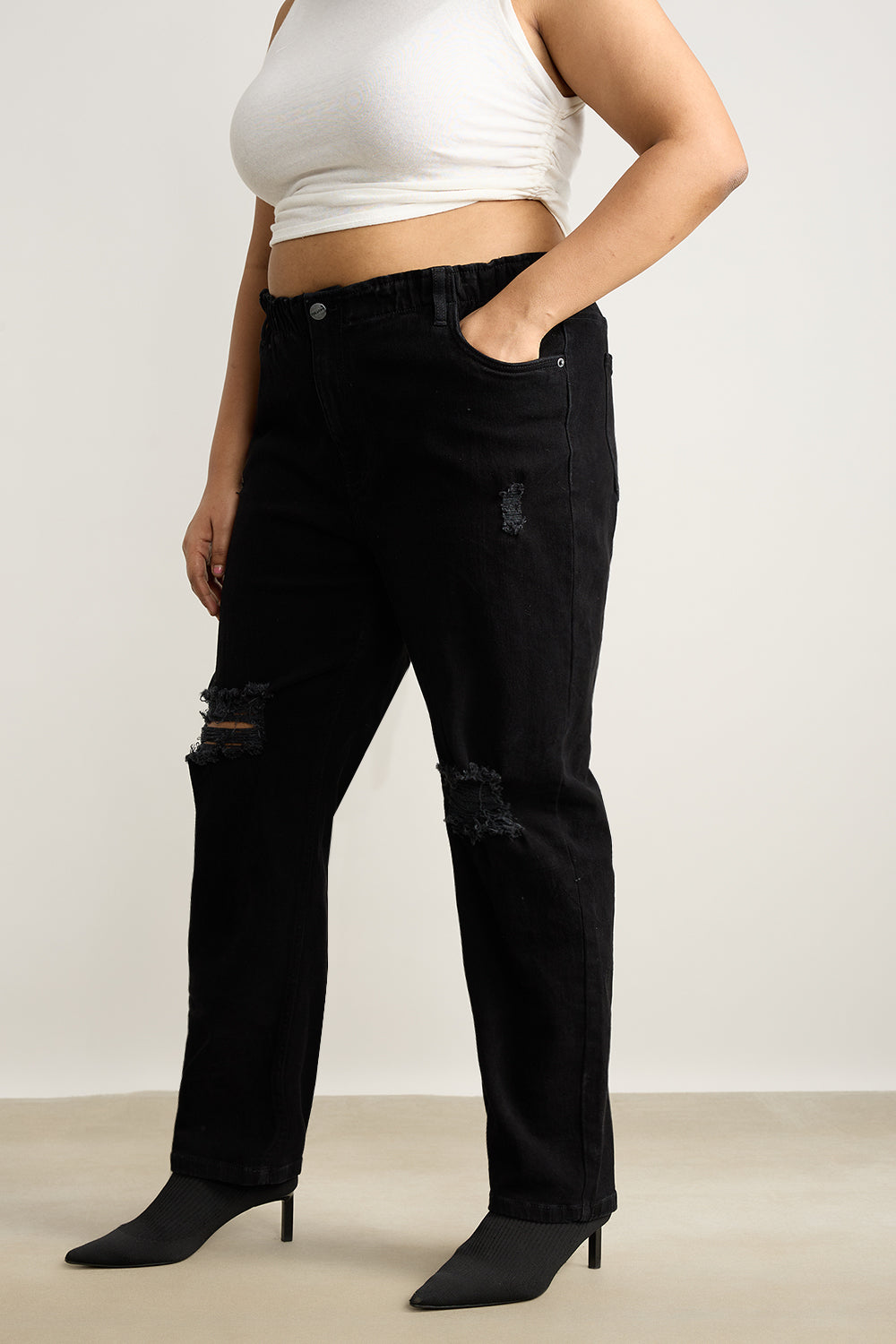 Curve Ebony Elasticated Distress Slim Jeans