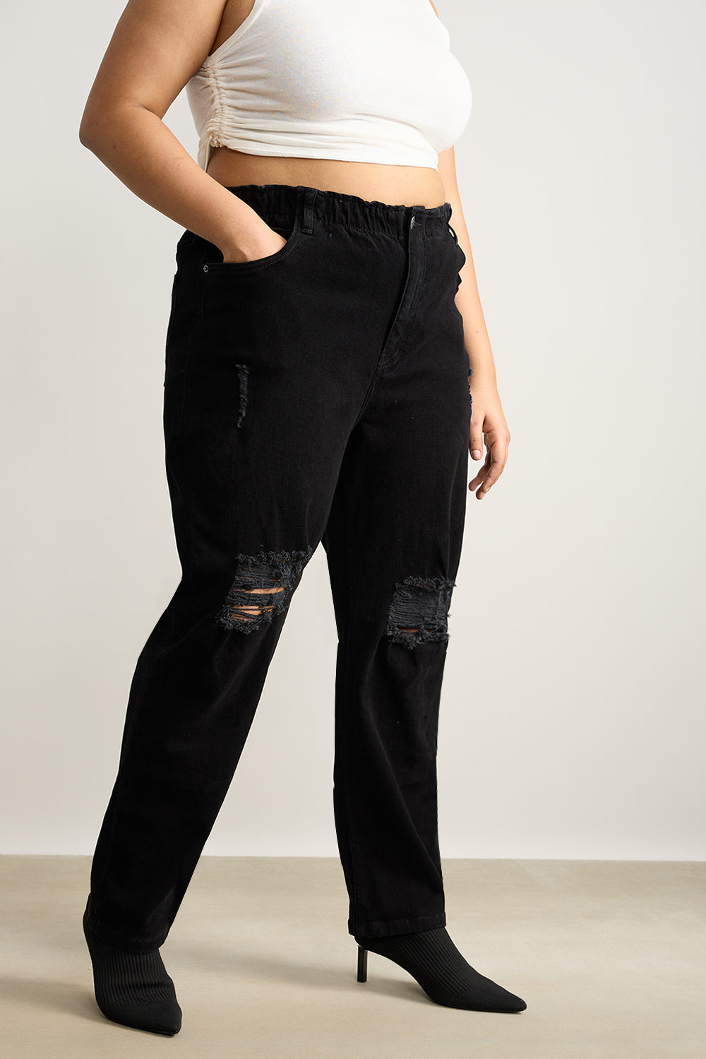 Curve Ebony Elasticated Distress Slim Jeans
