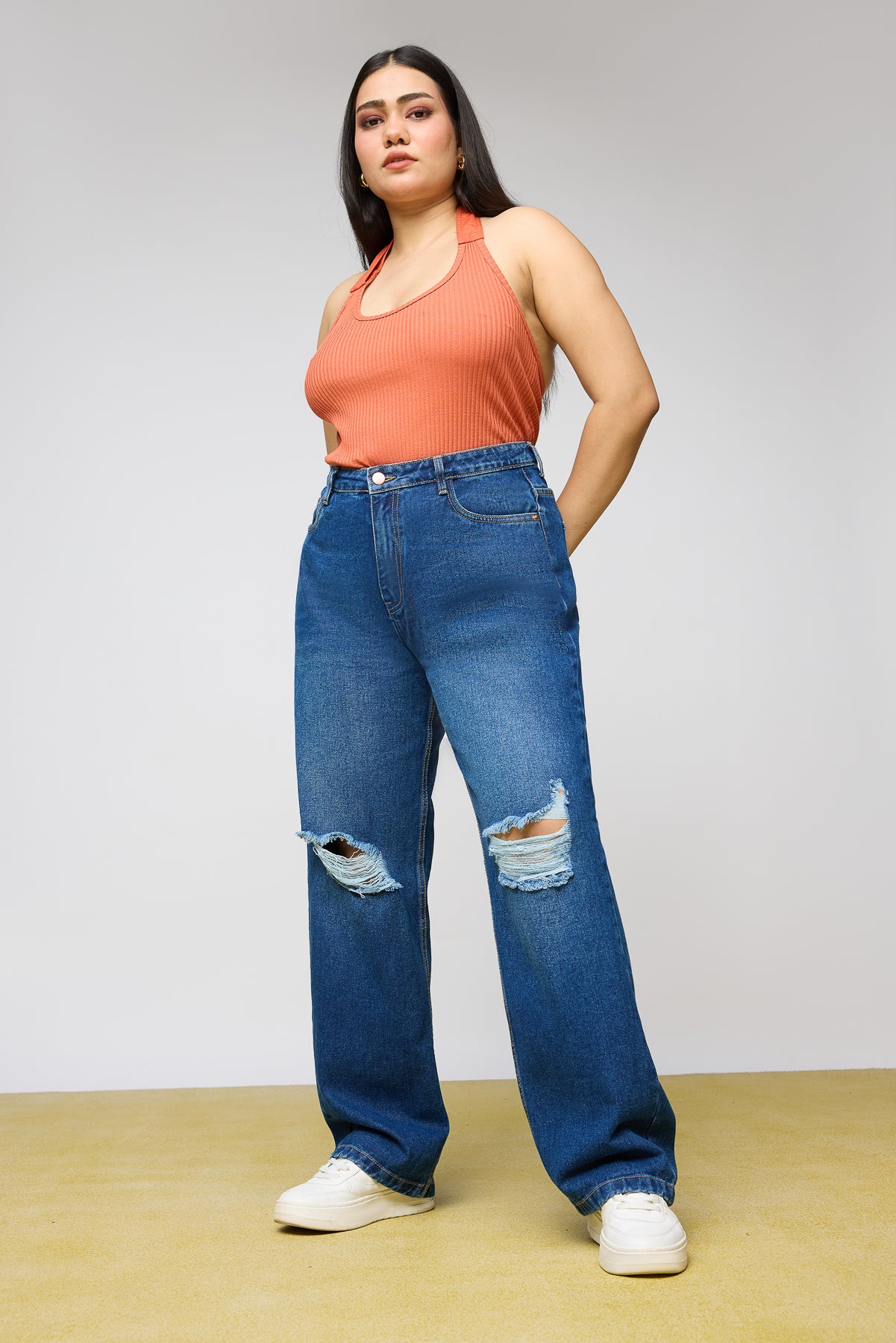 Curve Iconic Blue Knee-Distressed Wide jeans