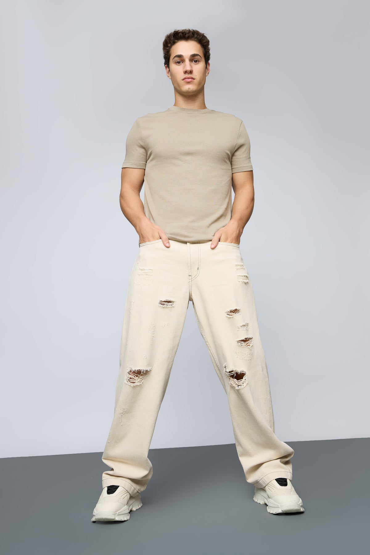 Ecru Escape Distressed Men's Baggy Straight Jeans