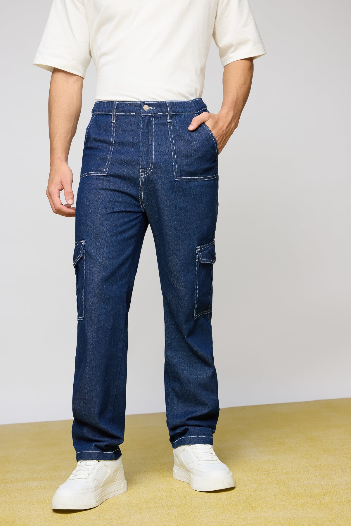 Storm Blue Elasticated Men’s Straight Cargo Jeans