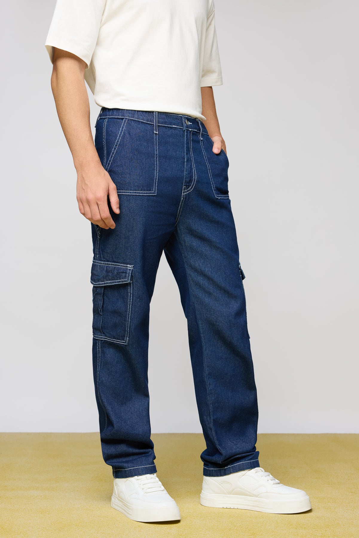 Storm Blue Elasticated Men’s Straight Cargo Jeans