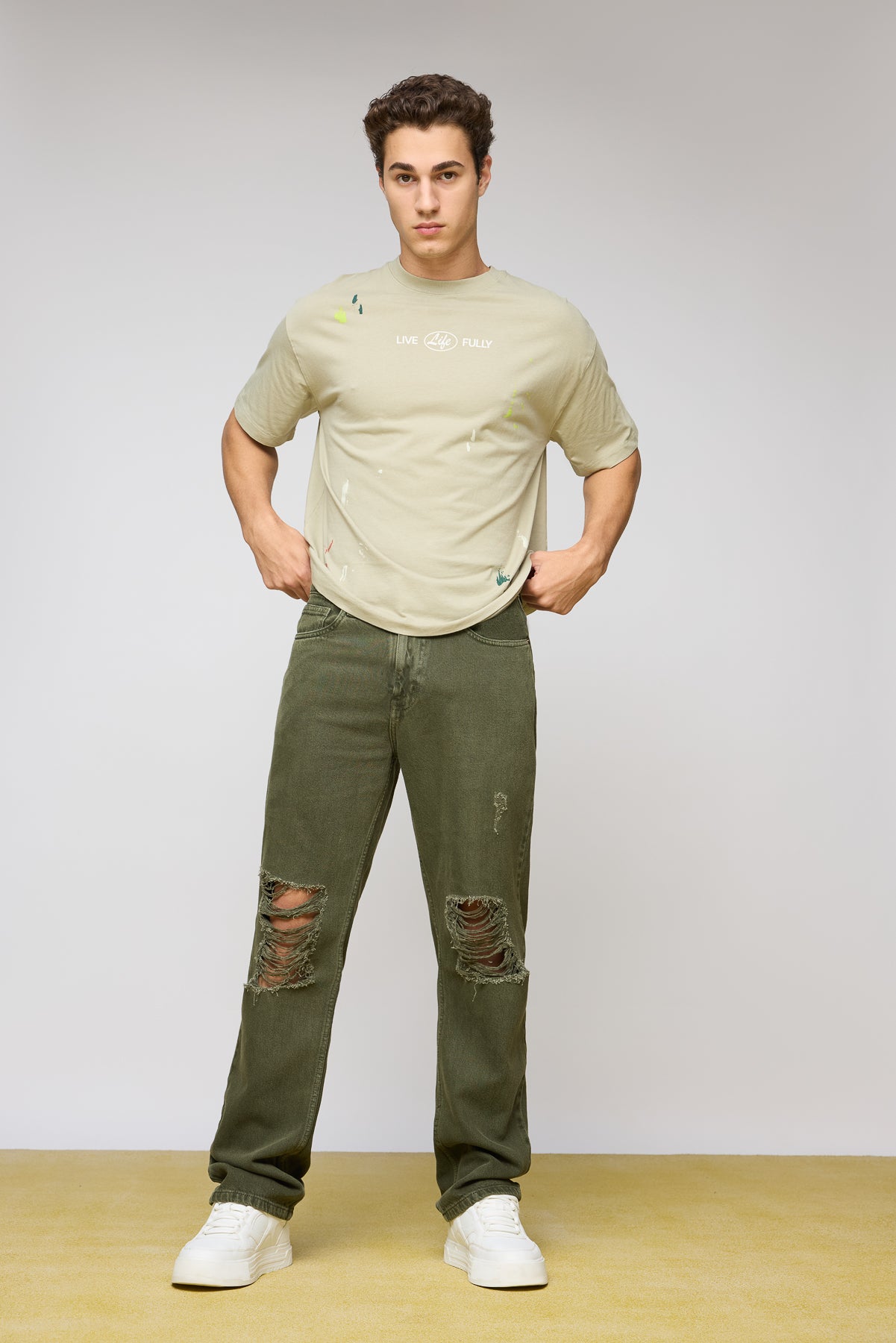 Olive Nomad Distressed Men's Straight Leg Jeans