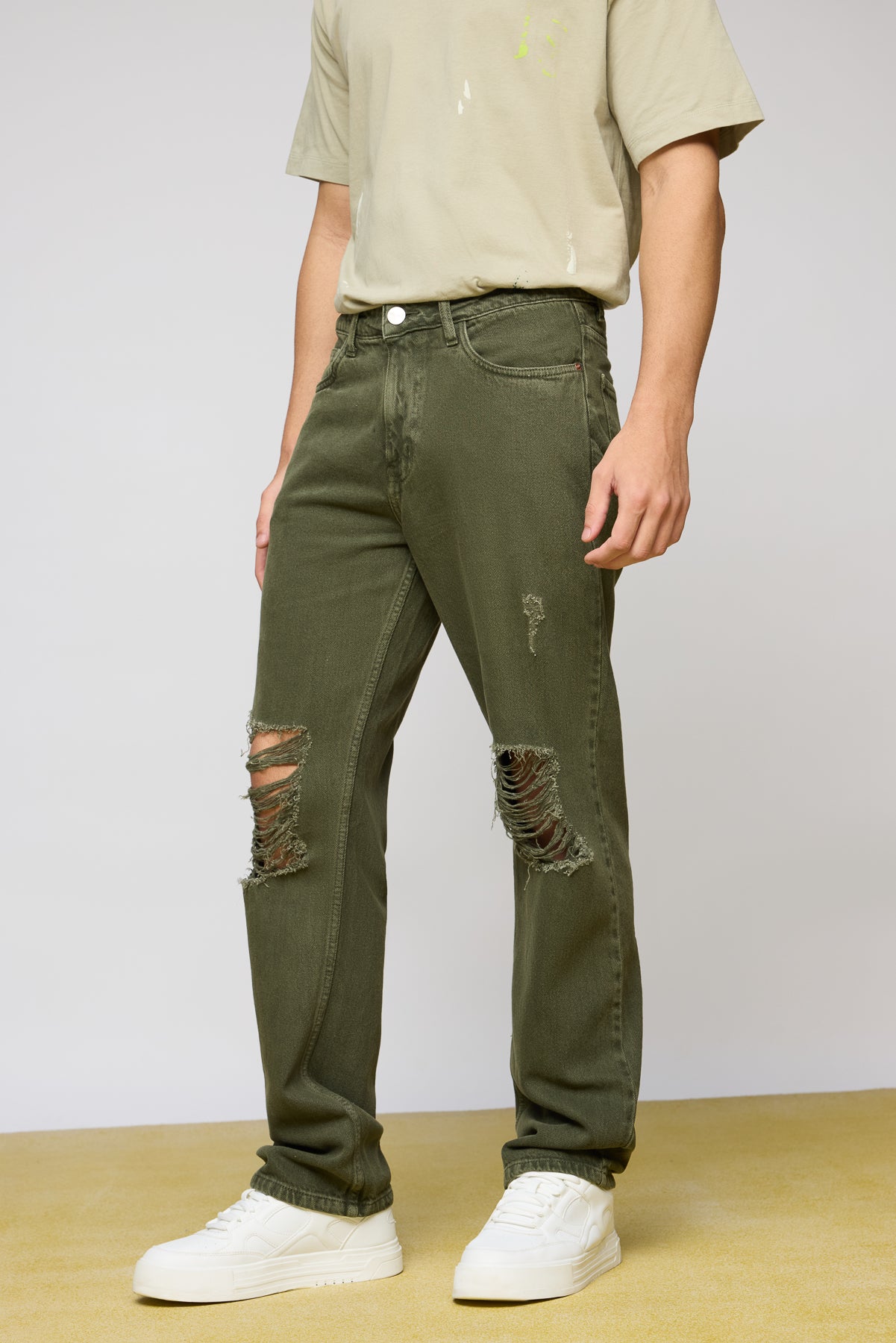 Olive Nomad Distressed Men's Straight Leg Jeans