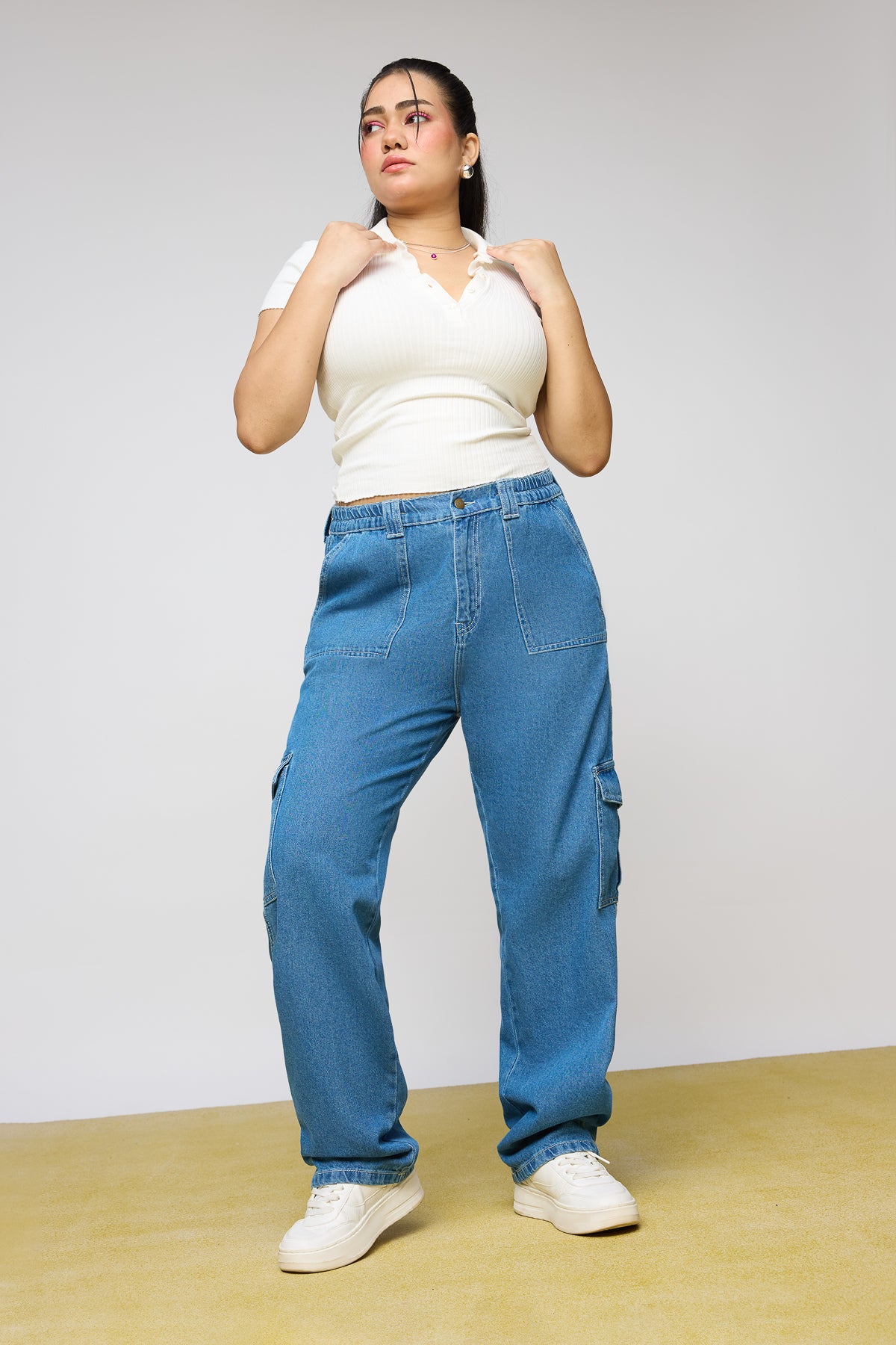 Curve Mid Blue Utility Straight Cargo Jeans