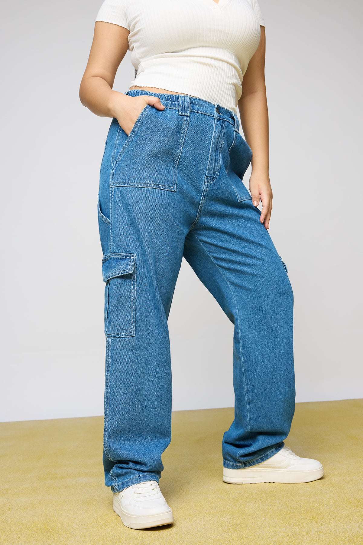 Curve Mid Blue Utility Straight Cargo Jeans