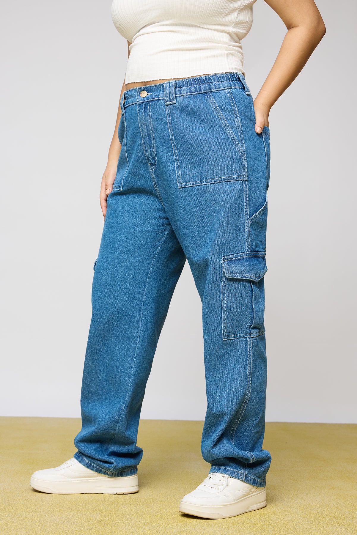 Curve Mid Blue Utility Straight Cargo Jeans