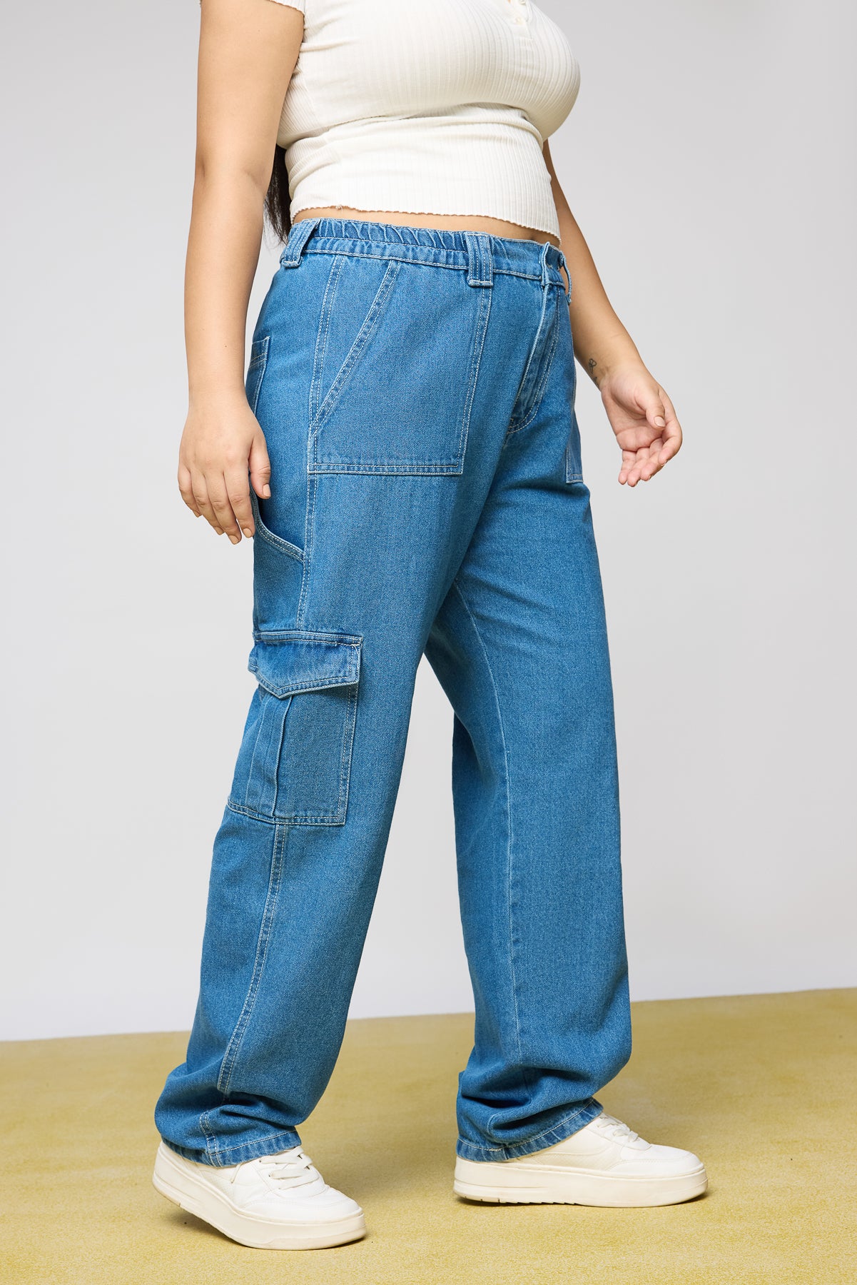 Curve Mid Blue Utility Straight Cargo Jeans