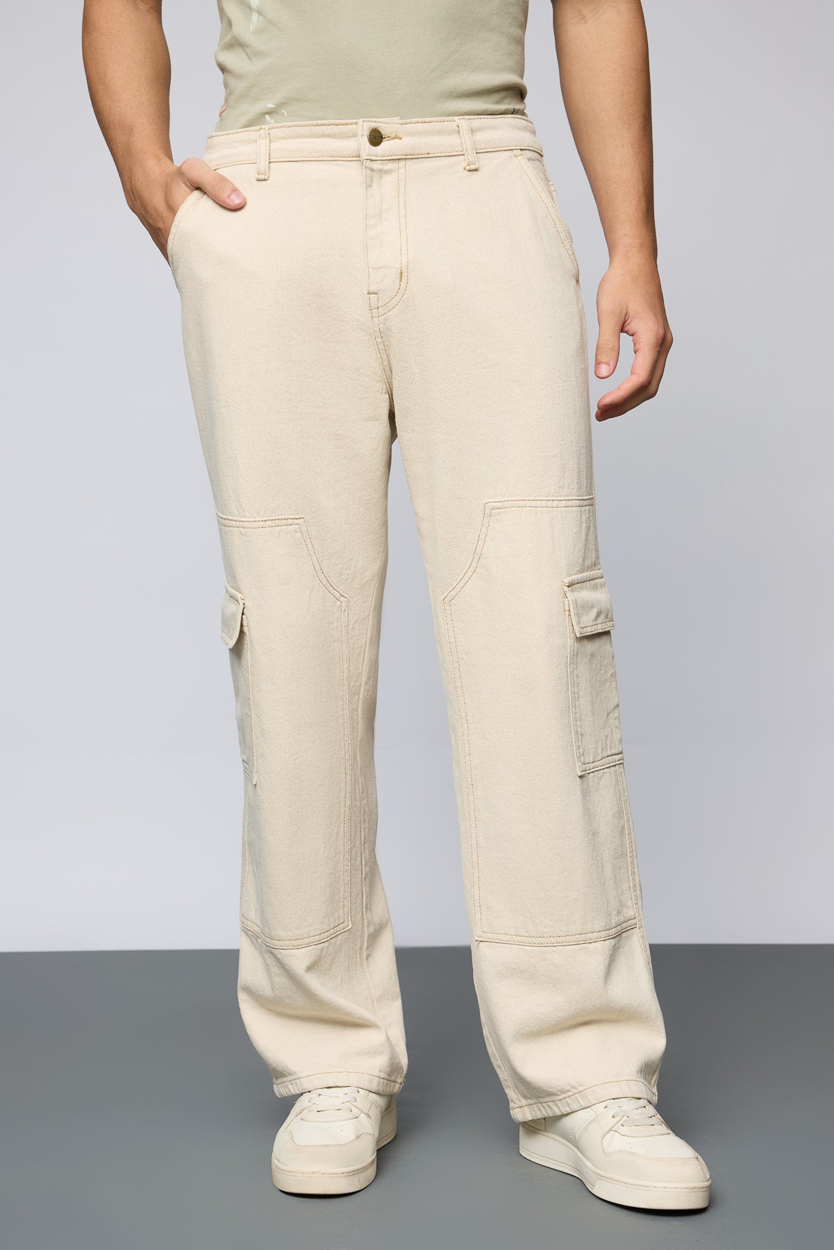 Urban Ecru Utility Men's Straight Cargo Jeans