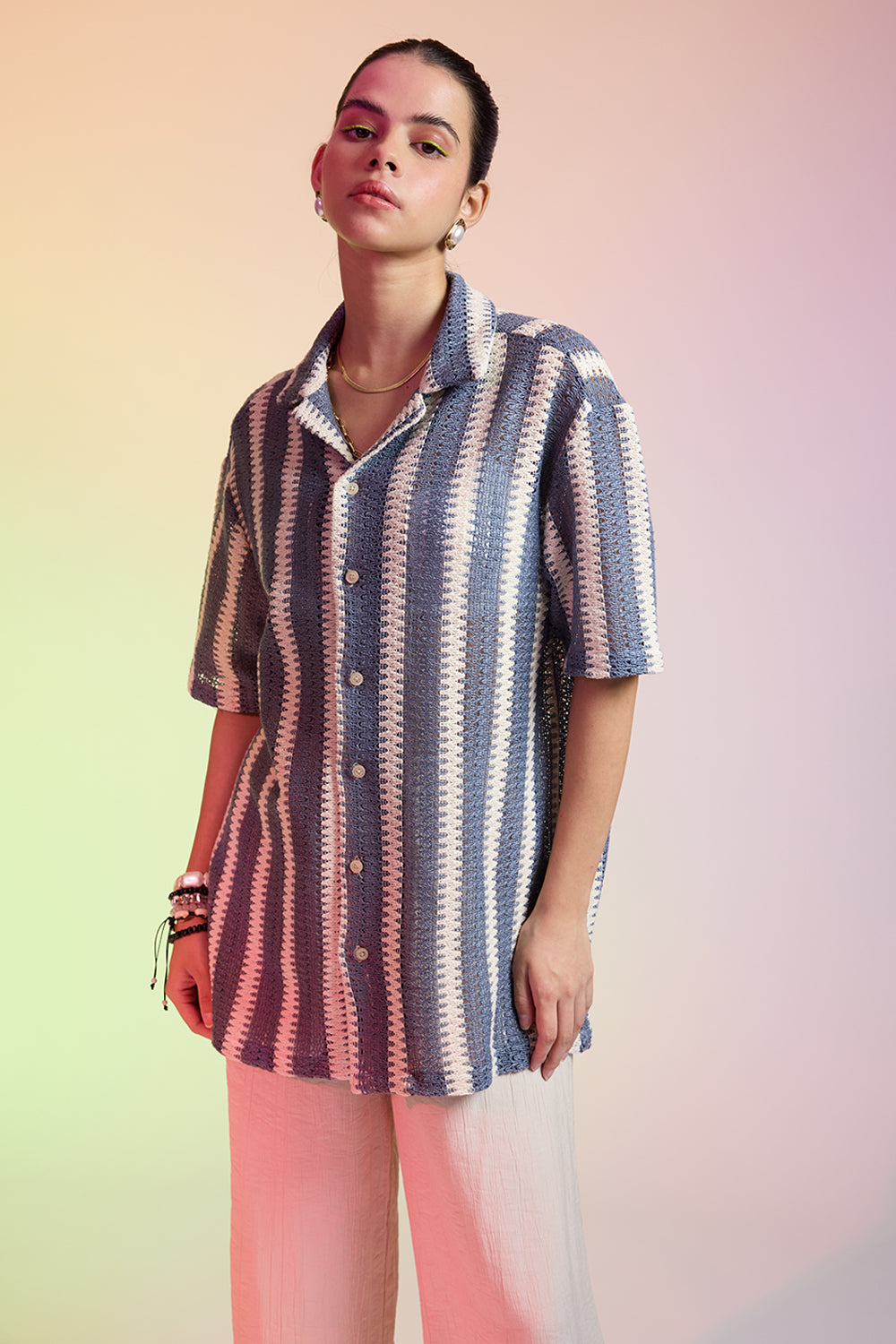 Textured Crochet Women's Shirt - Blue/White Bands